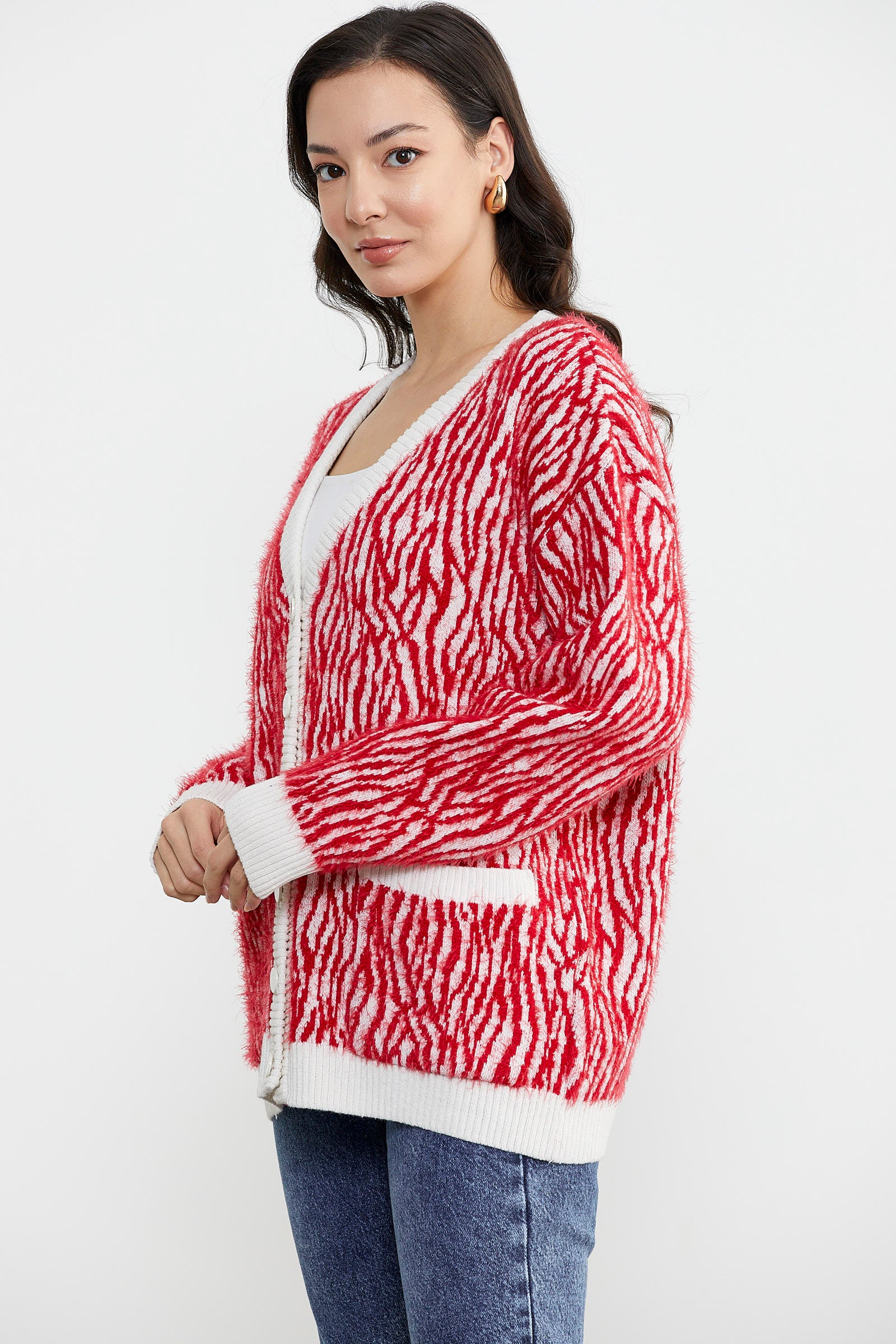 Renk Kombinli Yumoş Triko Hırka - Kırmızı (3) Sementa