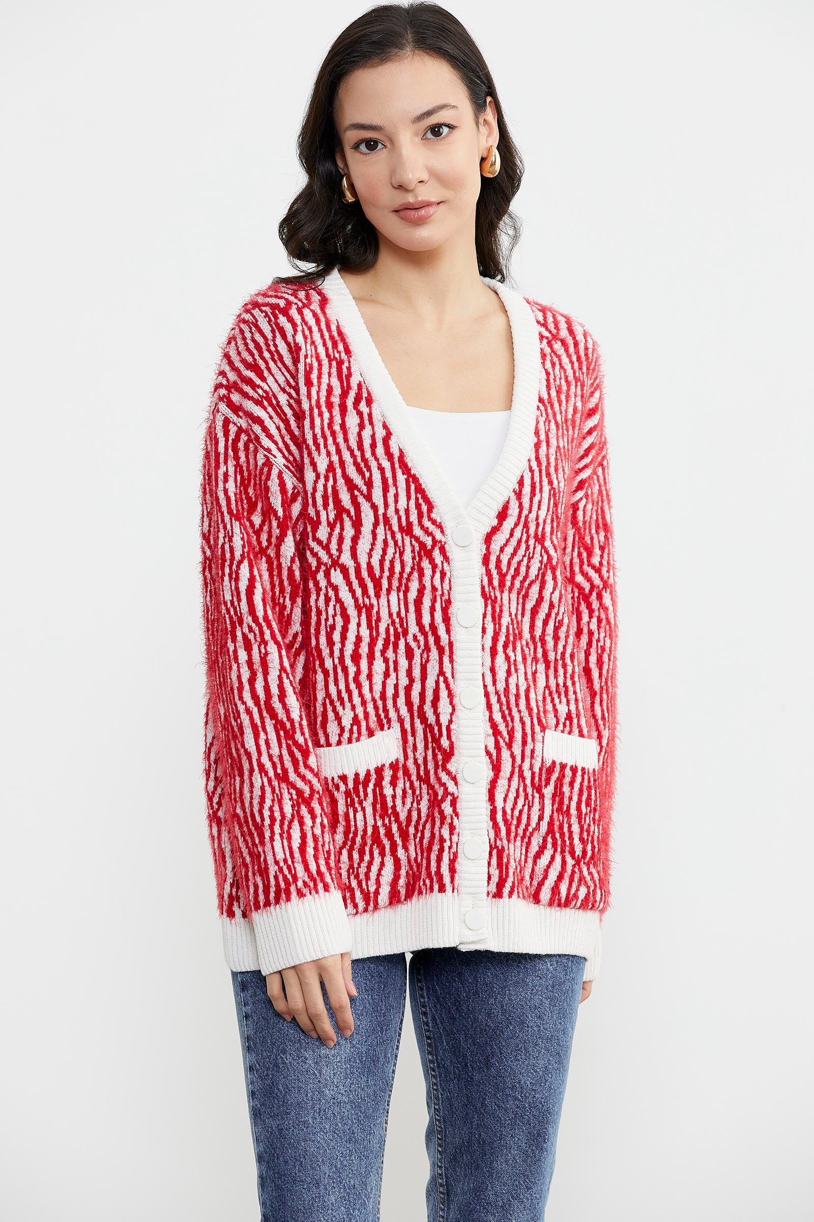 Renk Kombinli Yumoş Triko Hırka - Kırmızı (4) Sementa