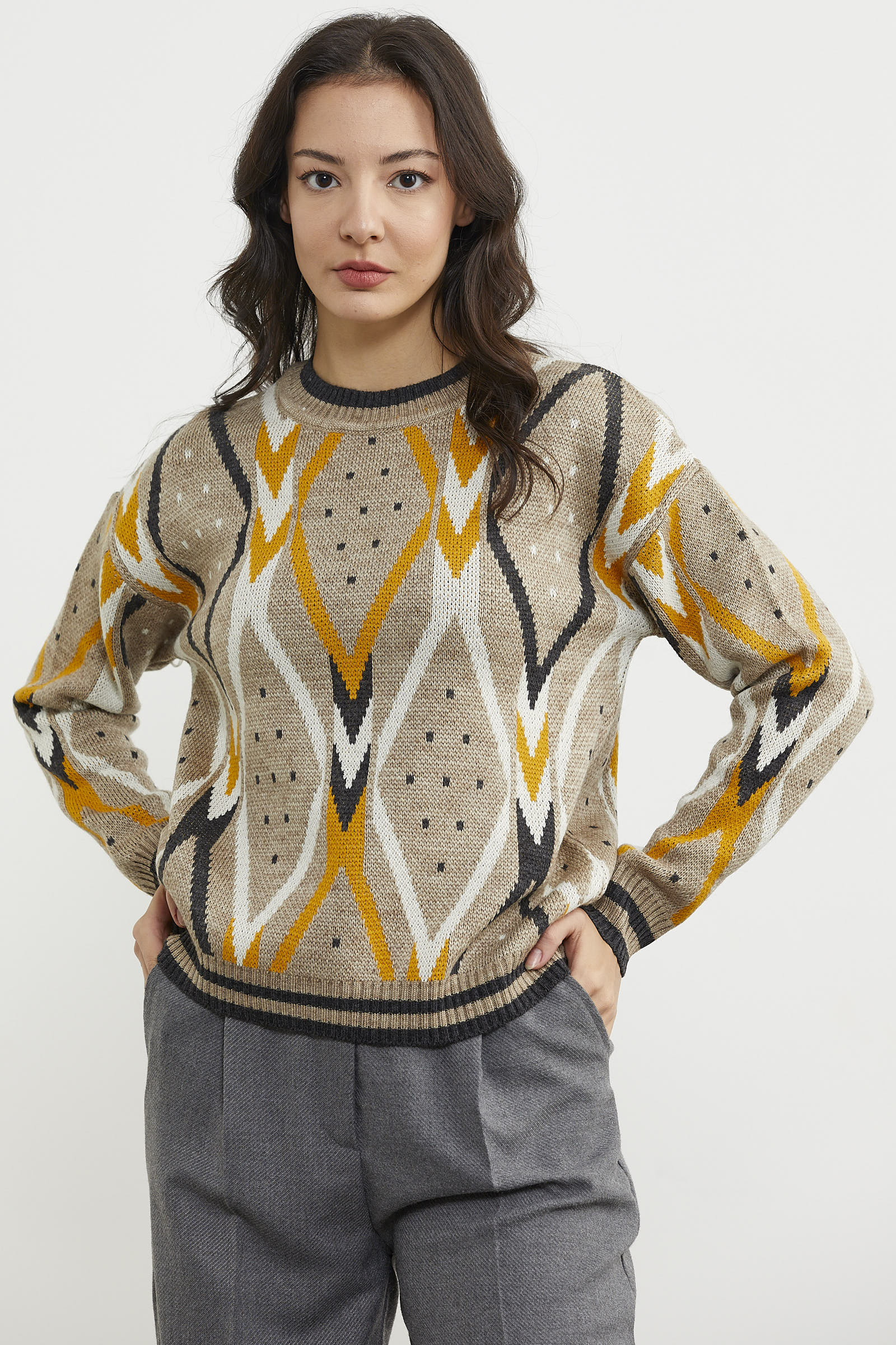 Renkli Baklava Desenli Yünlü Triko Kazak - Bej (1) Sementa