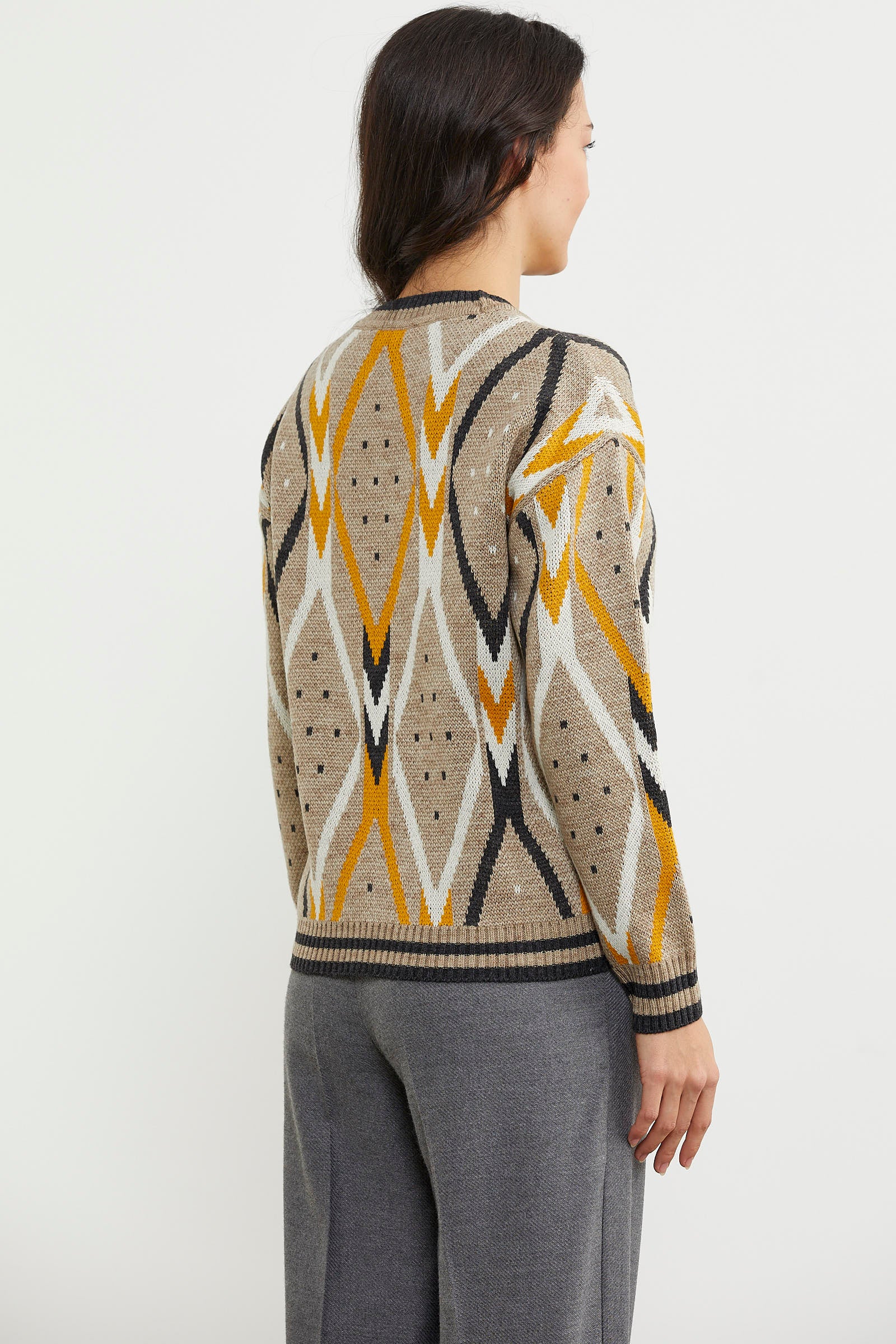 Renkli Baklava Desenli Yünlü Triko Kazak - Bej (5) Sementa