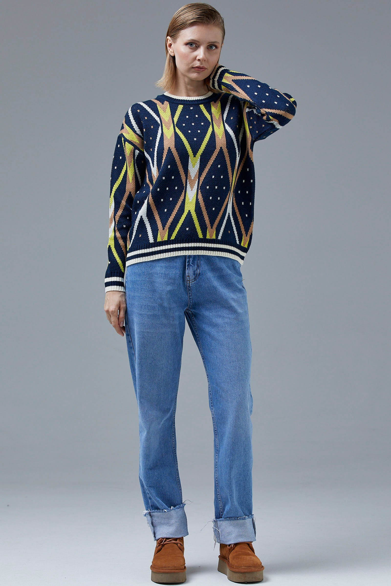 Renkli Baklava Desenli Yünlü Triko Kazak - Lacivert (4) Sementa