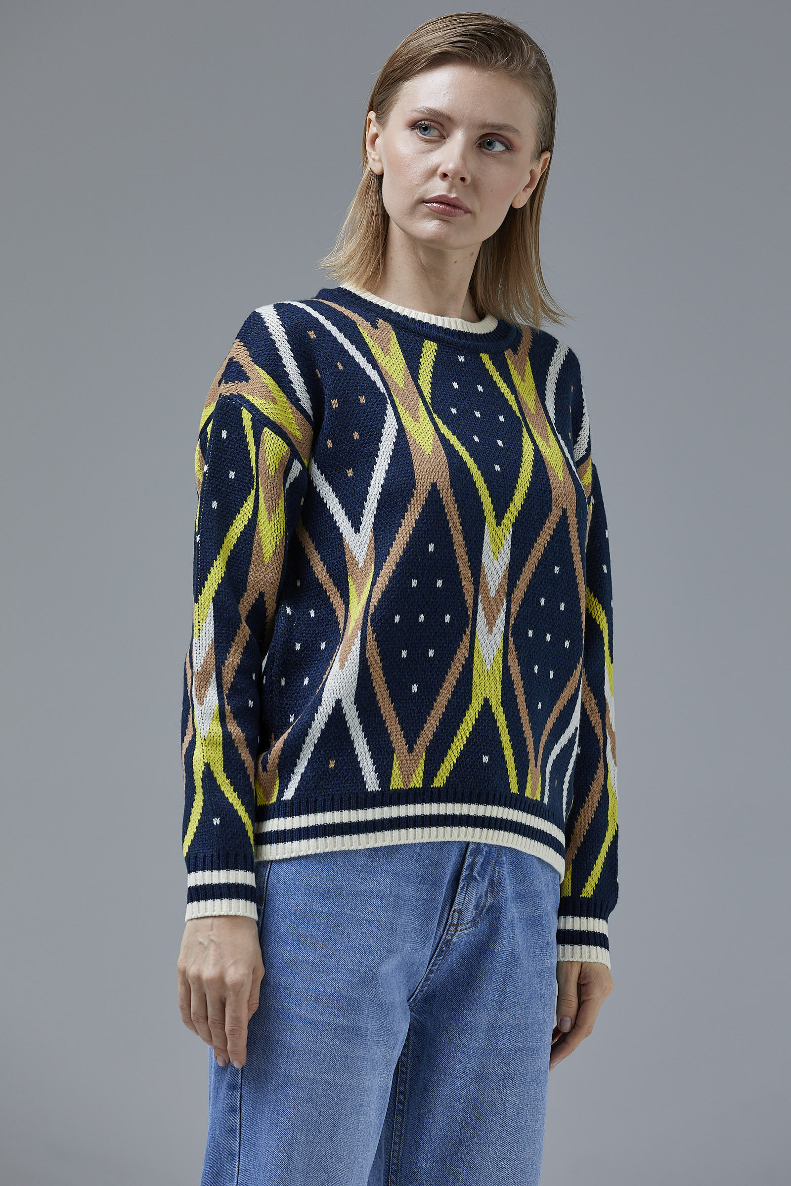 Renkli Baklava Desenli Yünlü Triko Kazak - Lacivert (1) Sementa