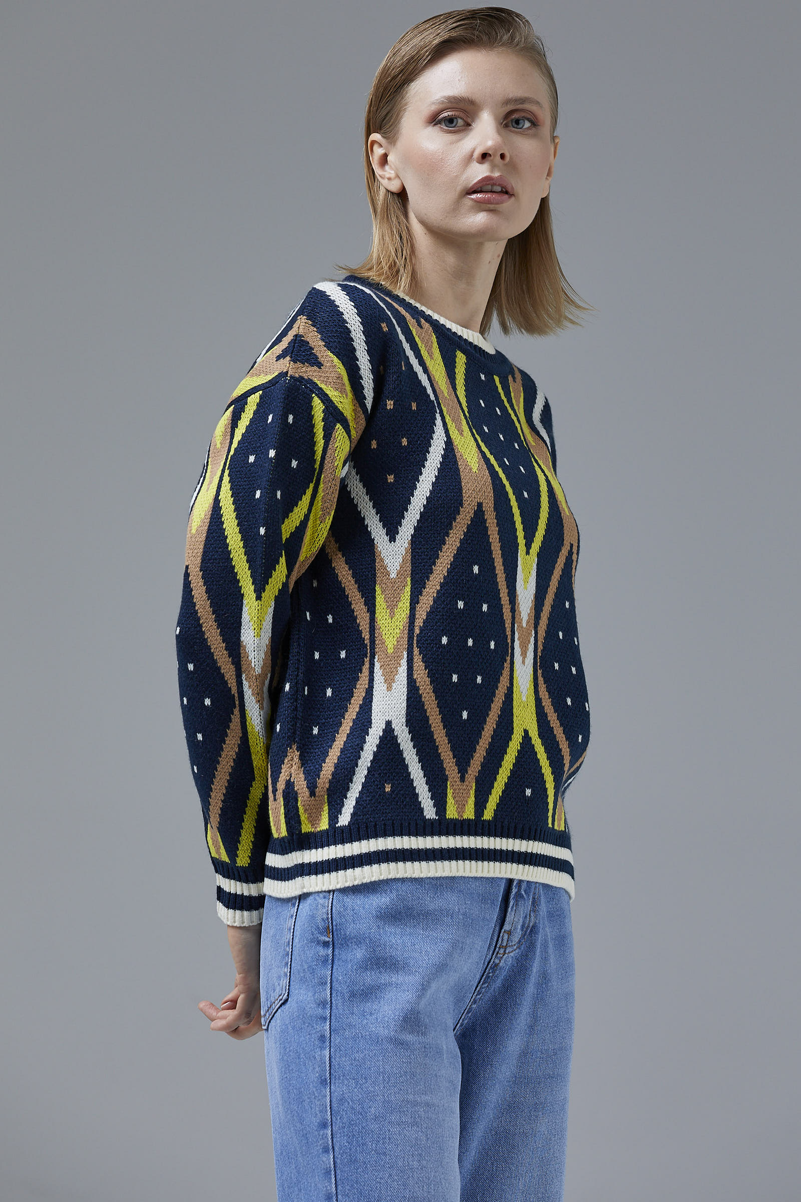 Renkli Baklava Desenli Yünlü Triko Kazak - Lacivert (2) Sementa