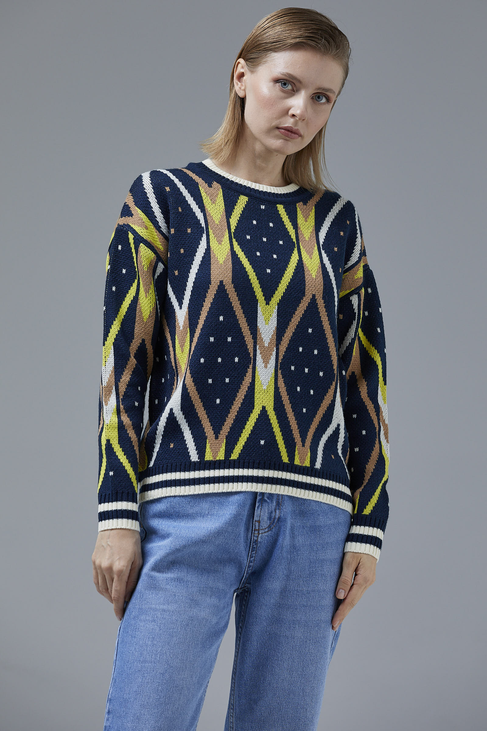 Renkli Baklava Desenli Yünlü Triko Kazak - Lacivert (5) Sementa