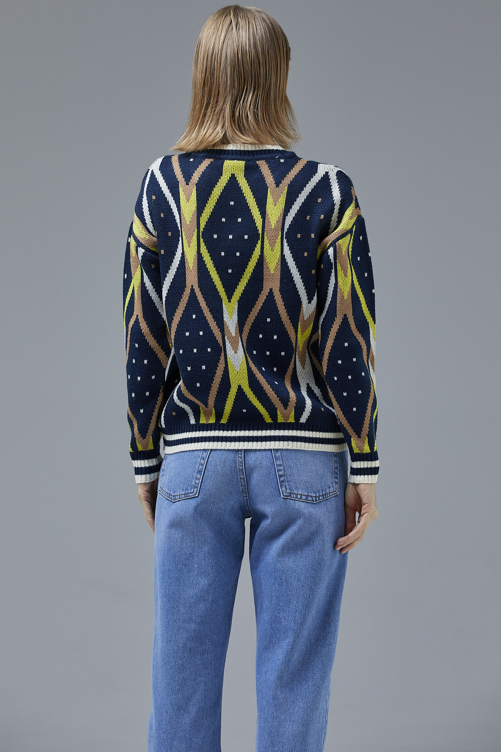 Renkli Baklava Desenli Yünlü Triko Kazak - Lacivert (8) Sementa