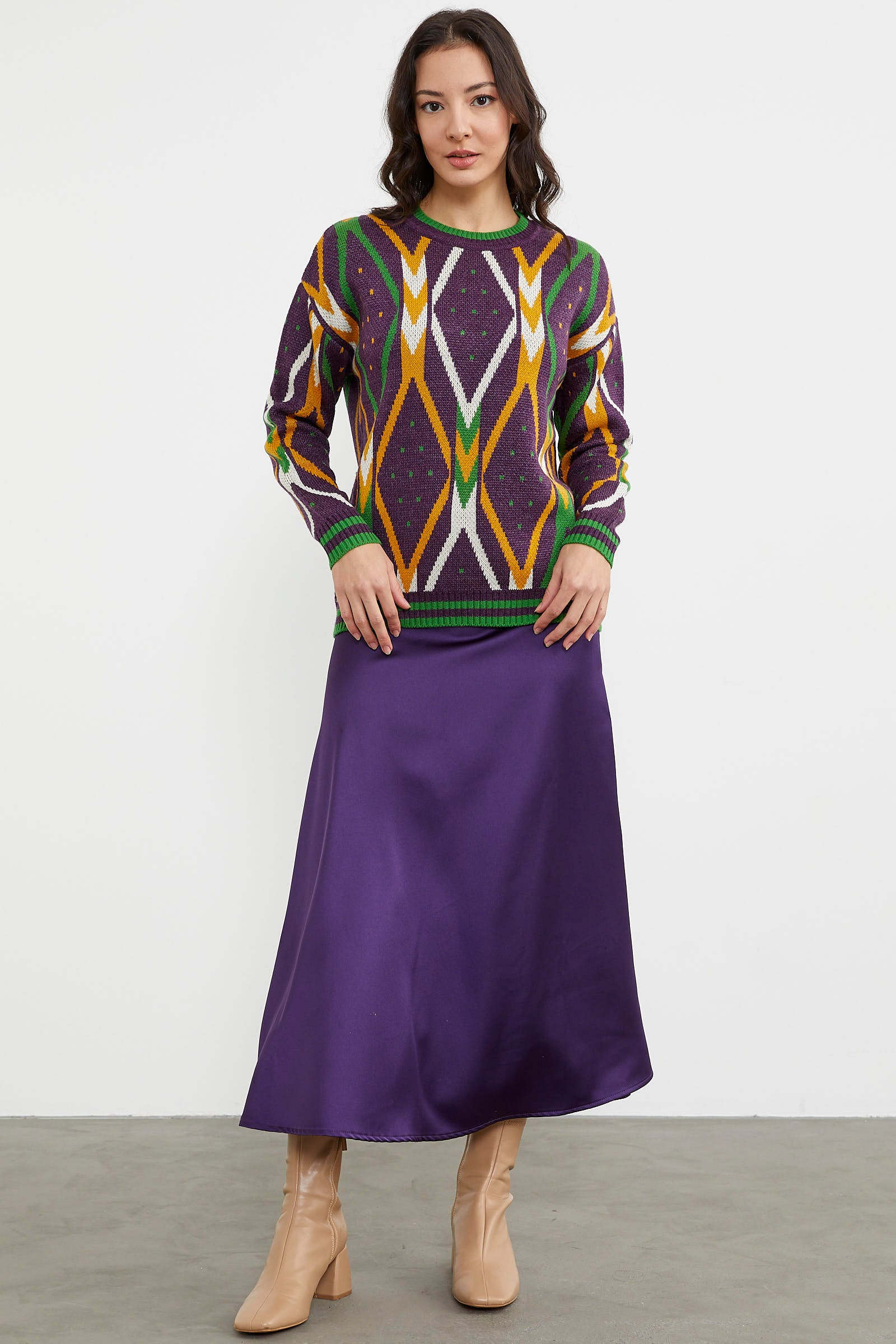 Renkli Baklava Desenli Yünlü Triko Kazak - Mor (2) Sementa