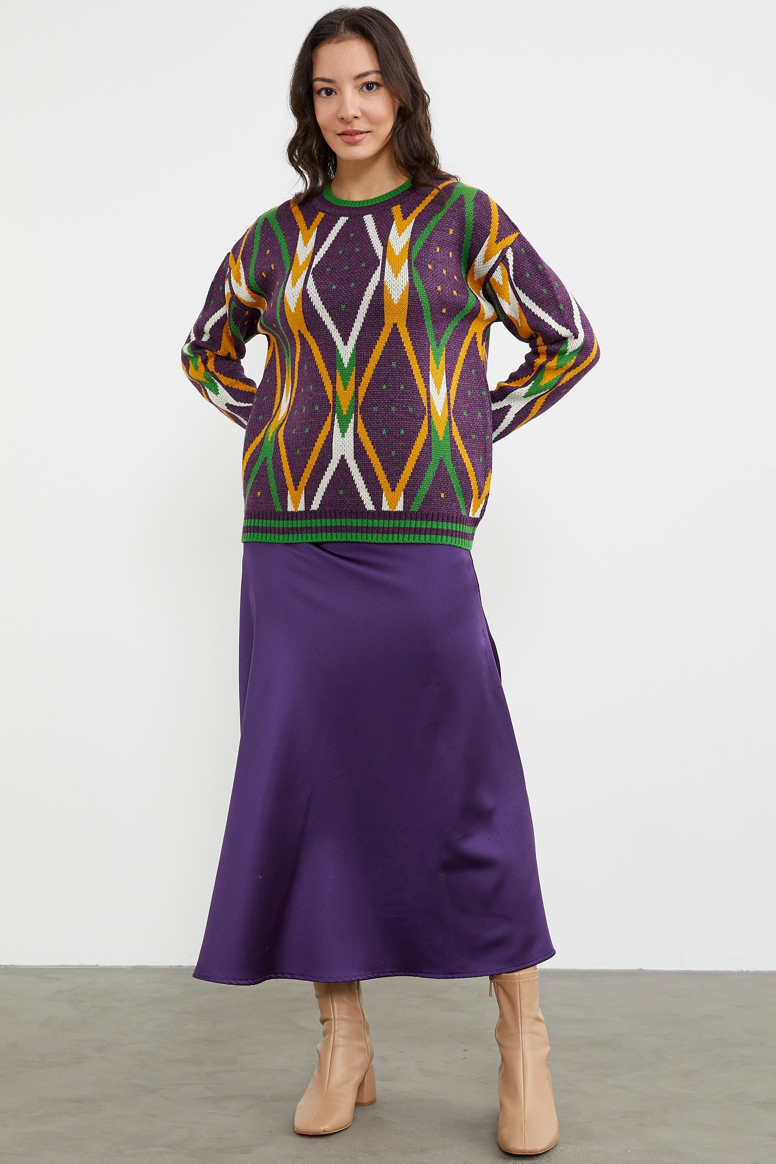 Renkli Baklava Desenli Yünlü Triko Kazak - Mor (3) Sementa
