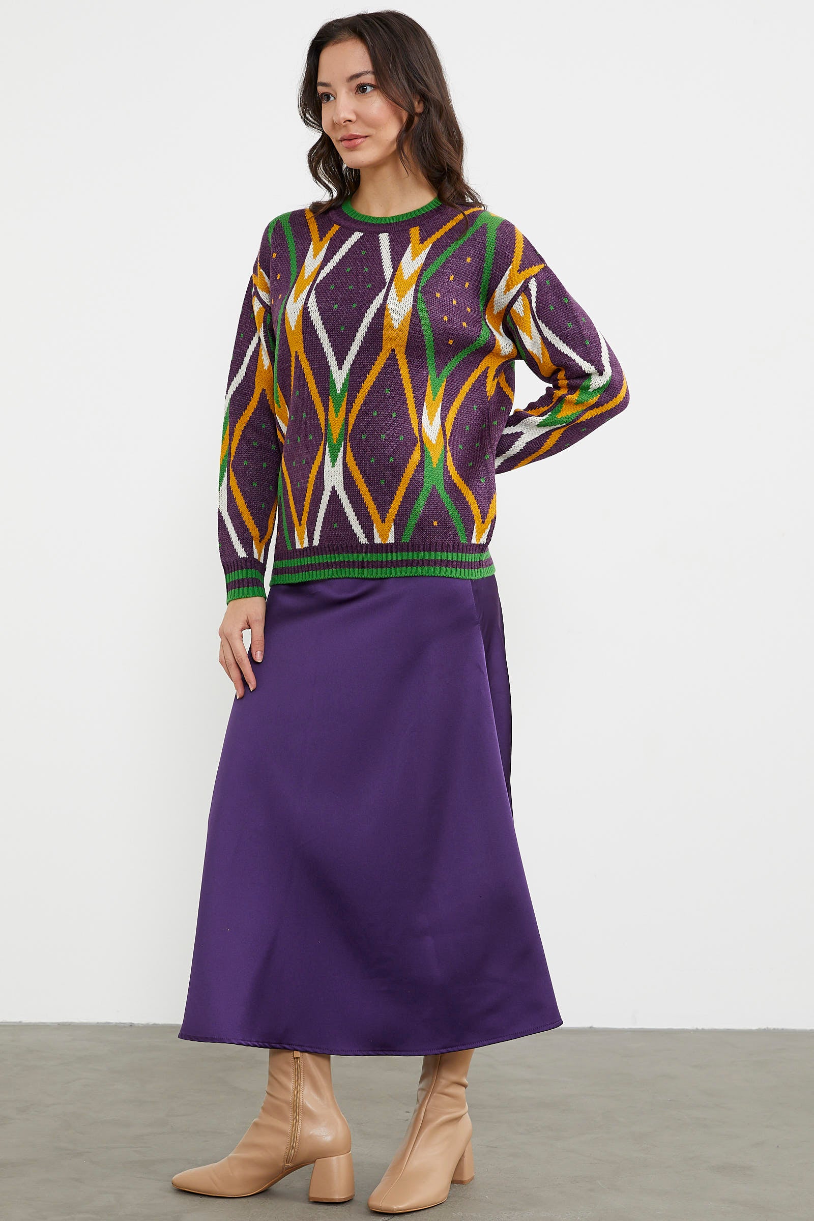 Renkli Baklava Desenli Yünlü Triko Kazak - Mor (4) Sementa