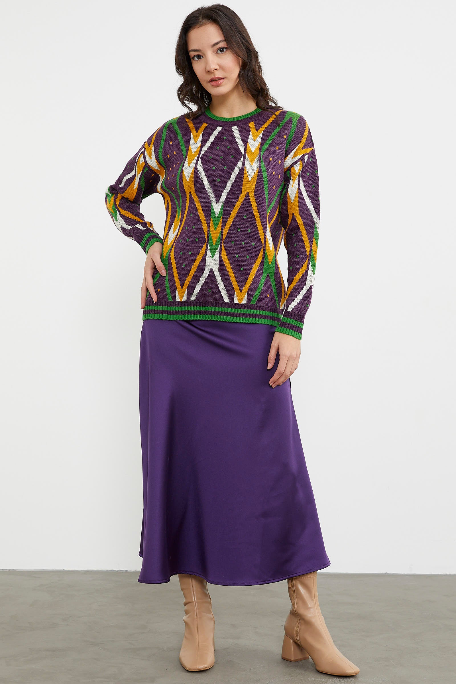 Renkli Baklava Desenli Yünlü Triko Kazak - Mor (5) Sementa