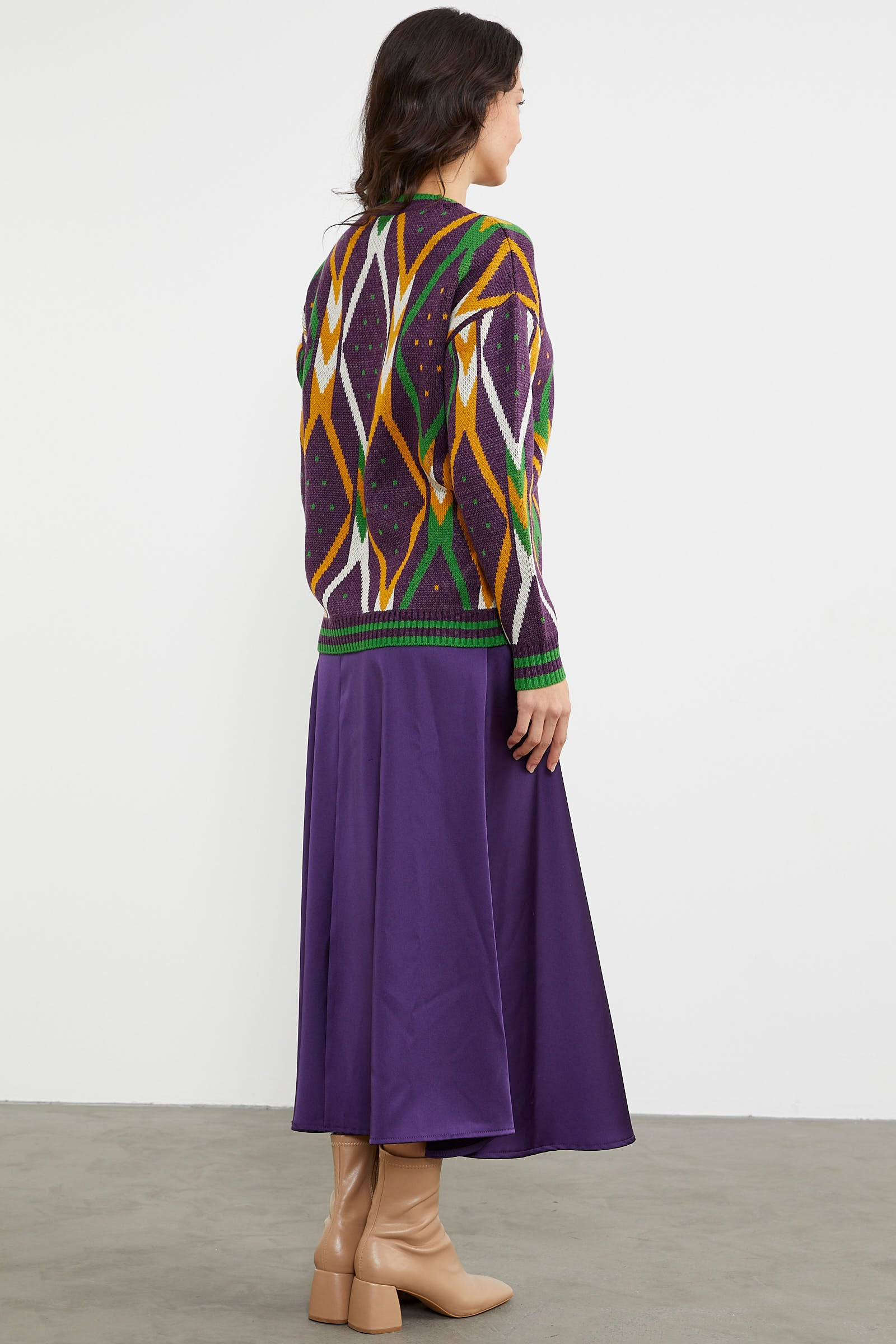 Renkli Baklava Desenli Yünlü Triko Kazak - Mor (6) Sementa