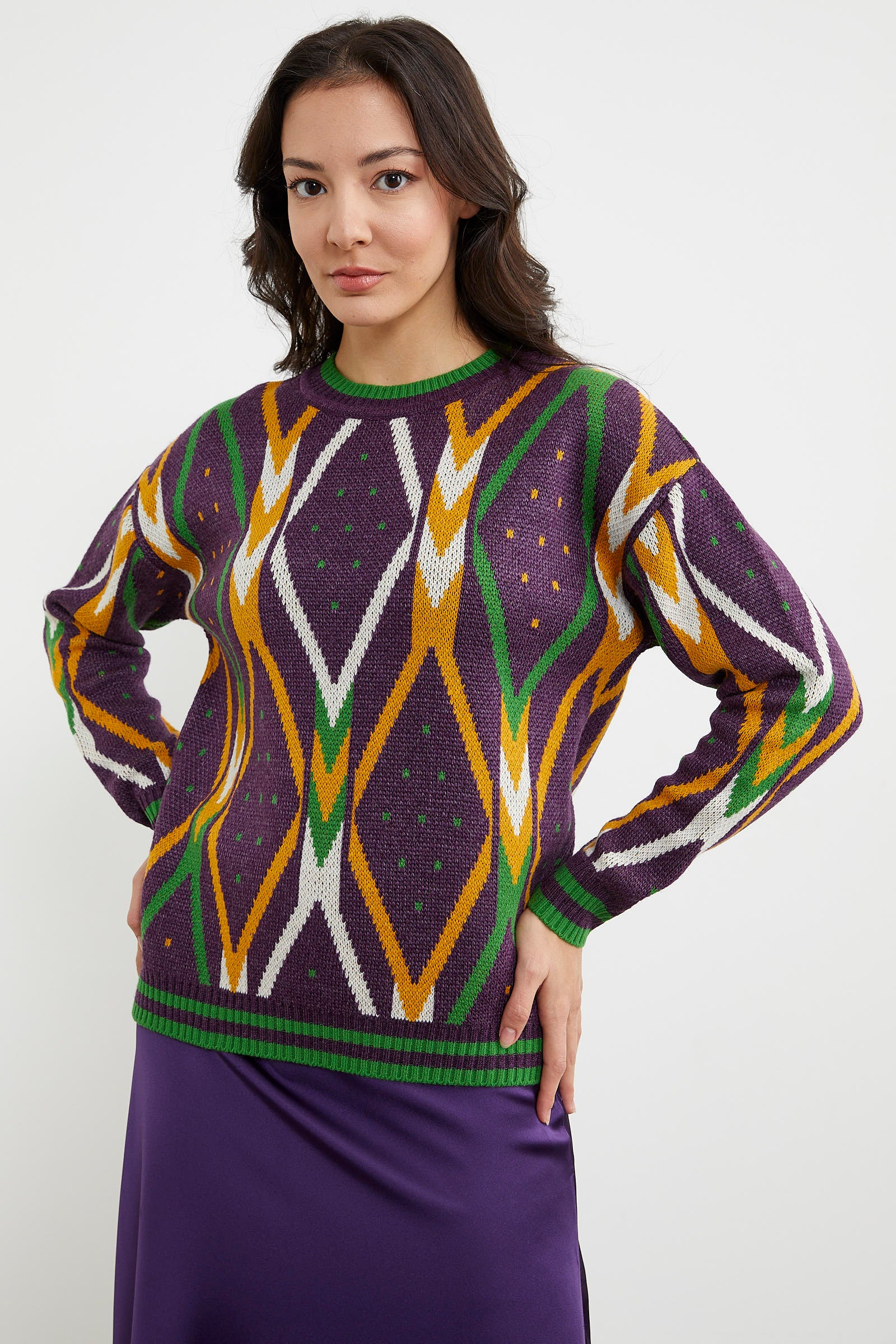 Renkli Baklava Desenli Yünlü Triko Kazak - Mor (1) Sementa