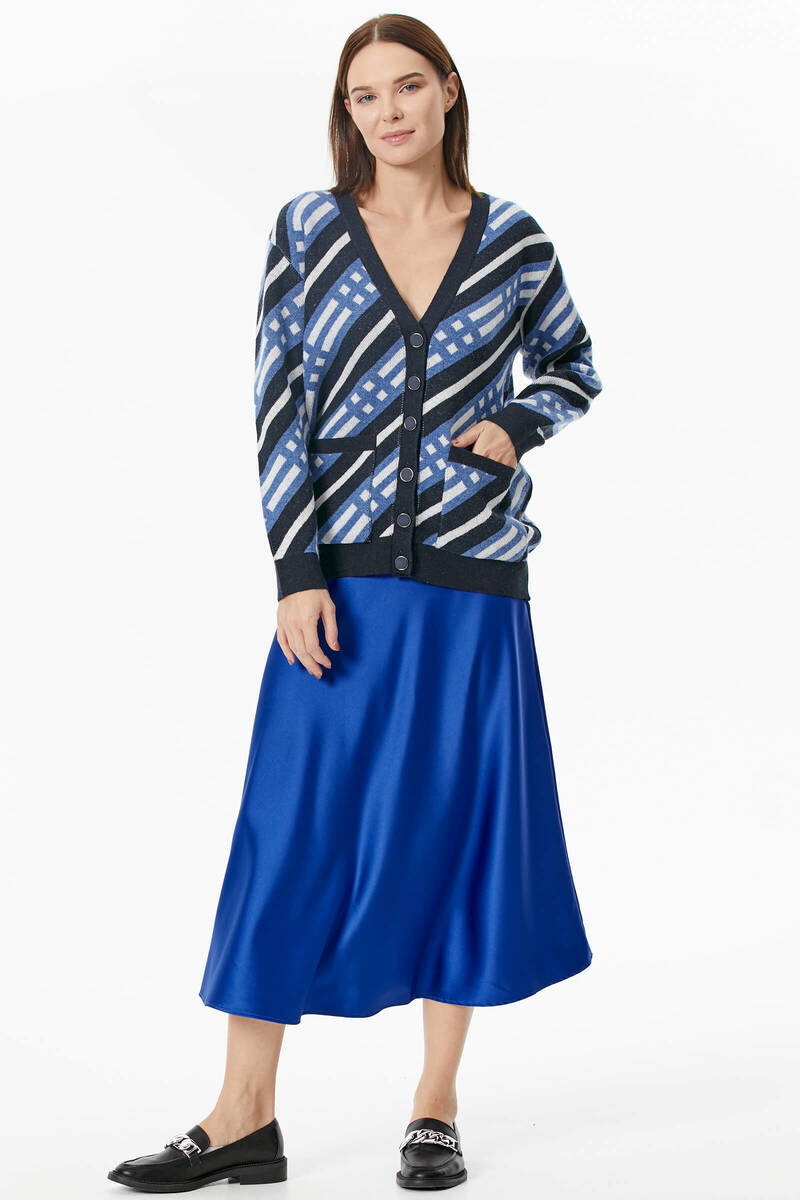 Renkli Blok Desen Triko Hırka - Lacivert (4) Sementa