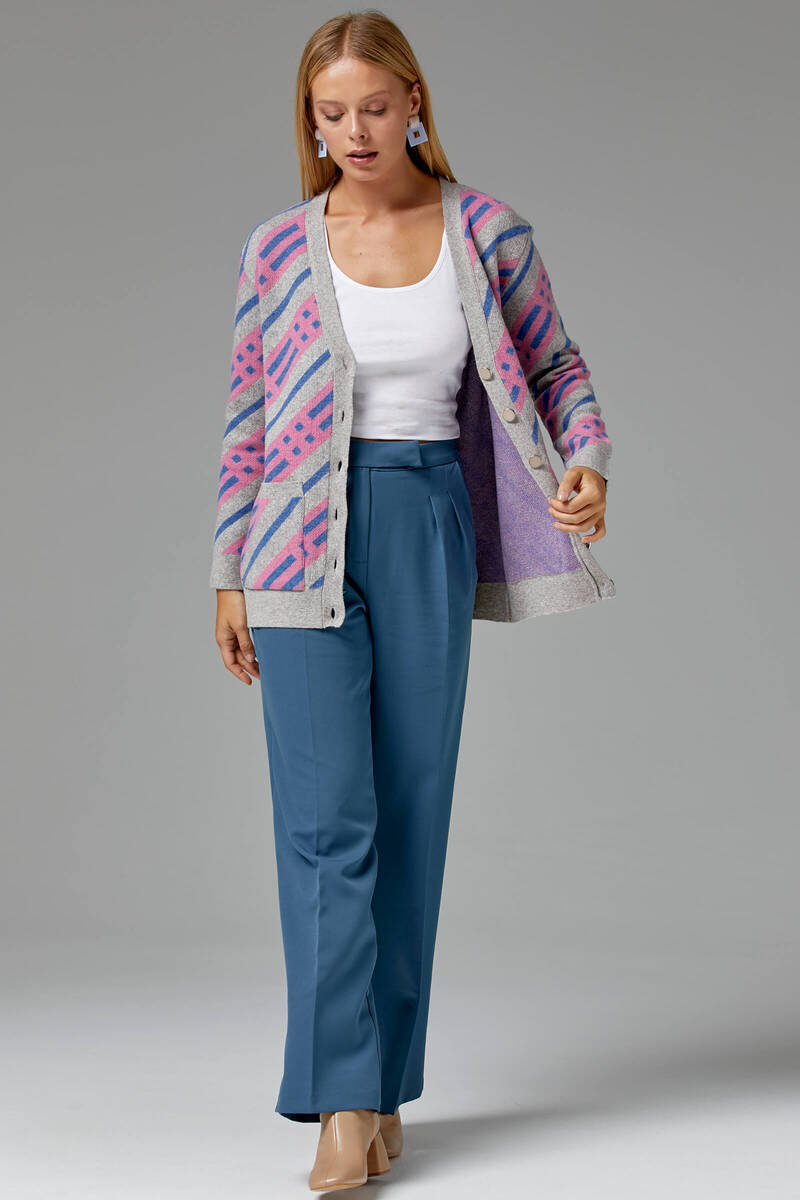 Renkli Blok Desen Triko Hırka - Vizon (3) Sementa