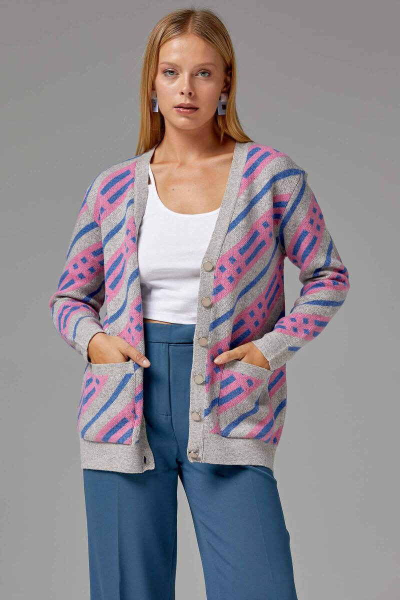 Renkli Blok Desen Triko Hırka - Vizon (4) Sementa