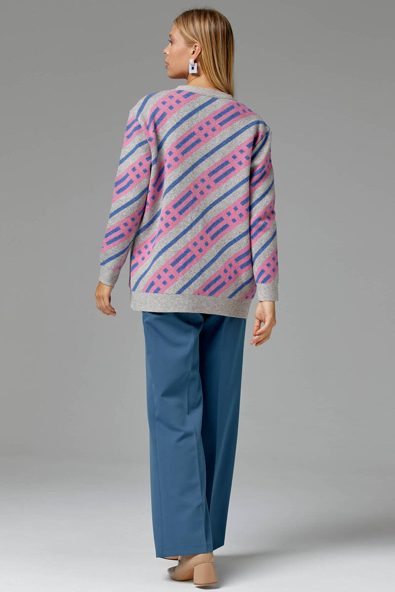 Renkli Blok Desen Triko Hırka - Vizon (5) Sementa