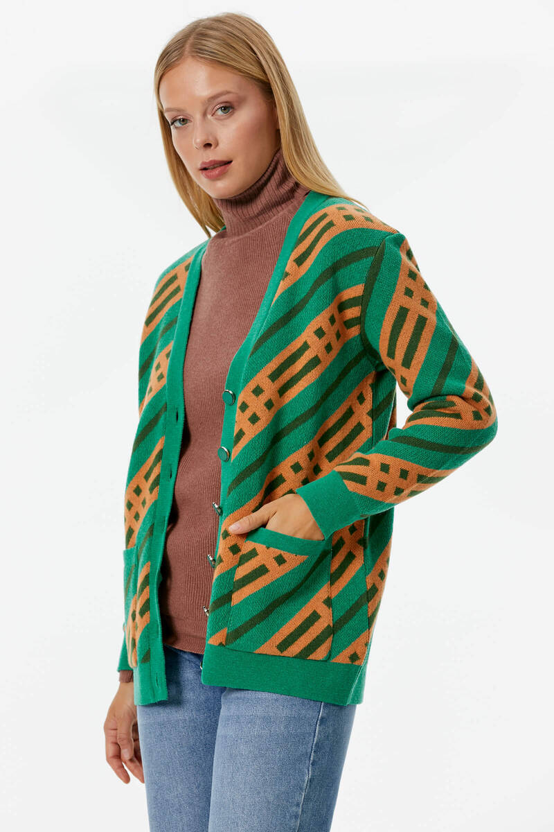 Renkli Blok Desen Triko Hırka - Yeşil (5) Sementa