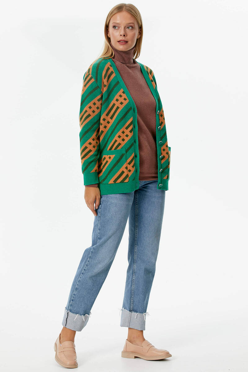 Renkli Blok Desen Triko Hırka - Yeşil (6) Sementa