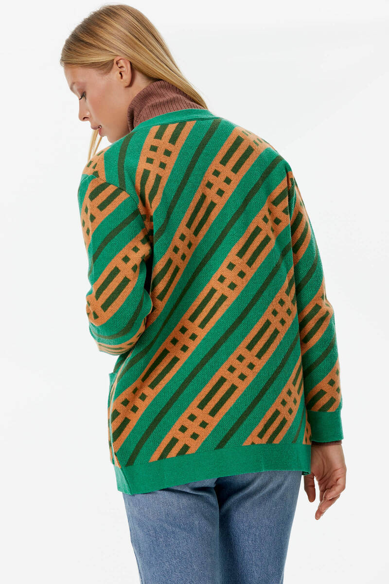 Renkli Blok Desen Triko Hırka - Yeşil (7) Sementa