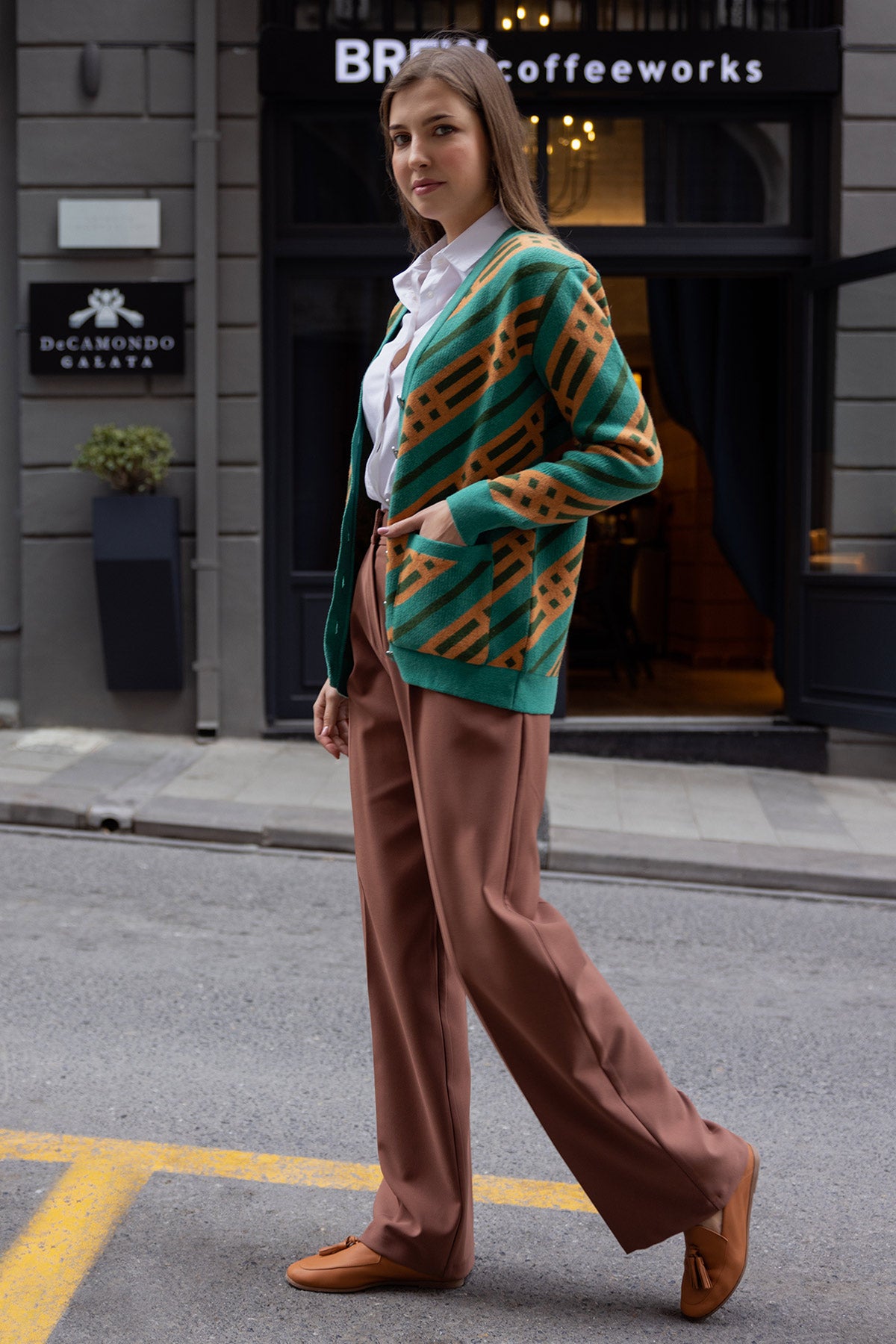 Renkli Blok Desen Triko Hırka - Yeşil (1) Sementa