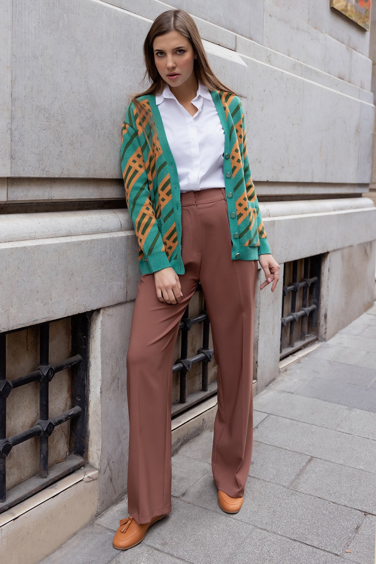 Renkli Blok Desen Triko Hırka - Yeşil (2) Sementa