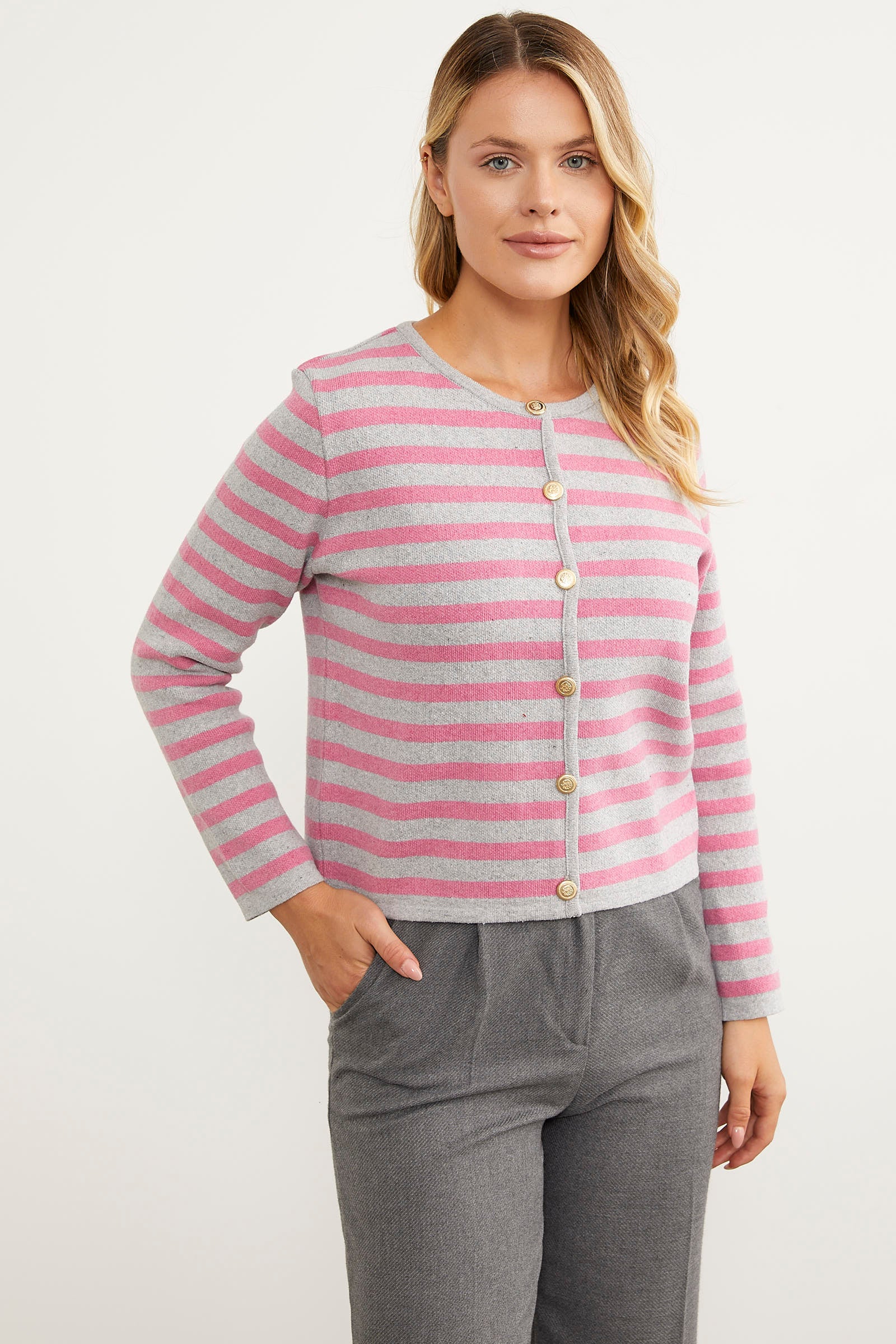 Renkli Çizgili Triko Kısa Hırka - Açık Gri (2) Sementa