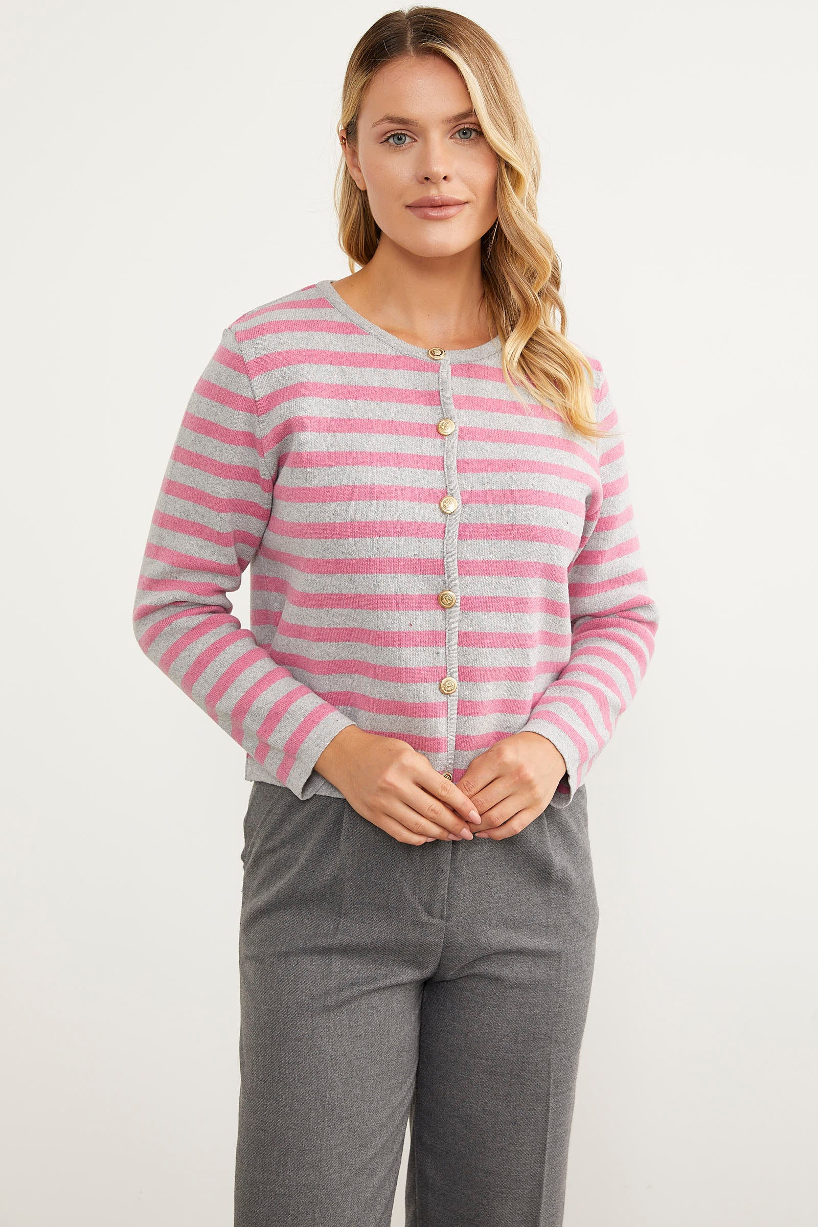 Renkli Çizgili Triko Kısa Hırka - Açık Gri (4) Sementa