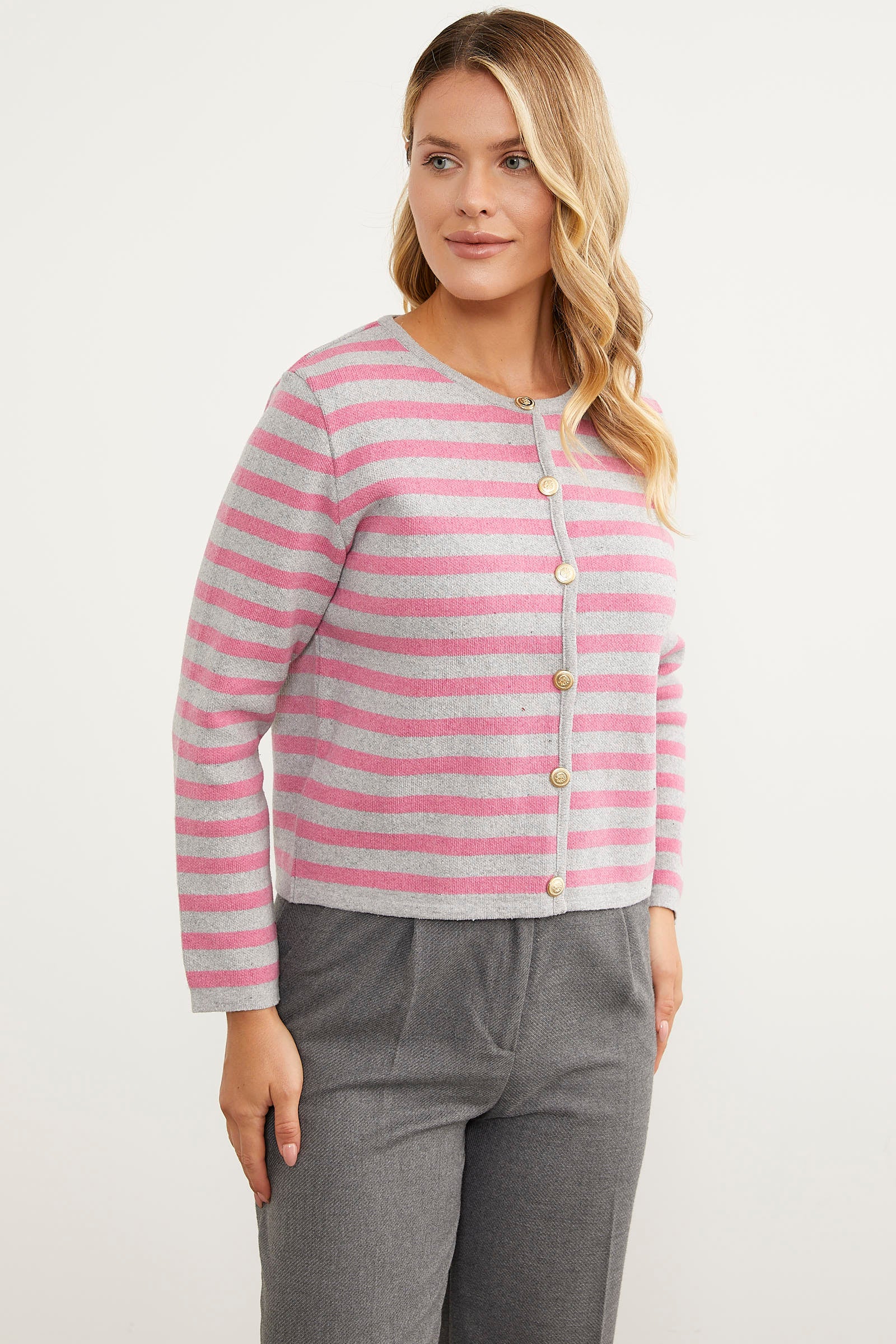 Renkli Çizgili Triko Kısa Hırka - Açık Gri (6) Sementa