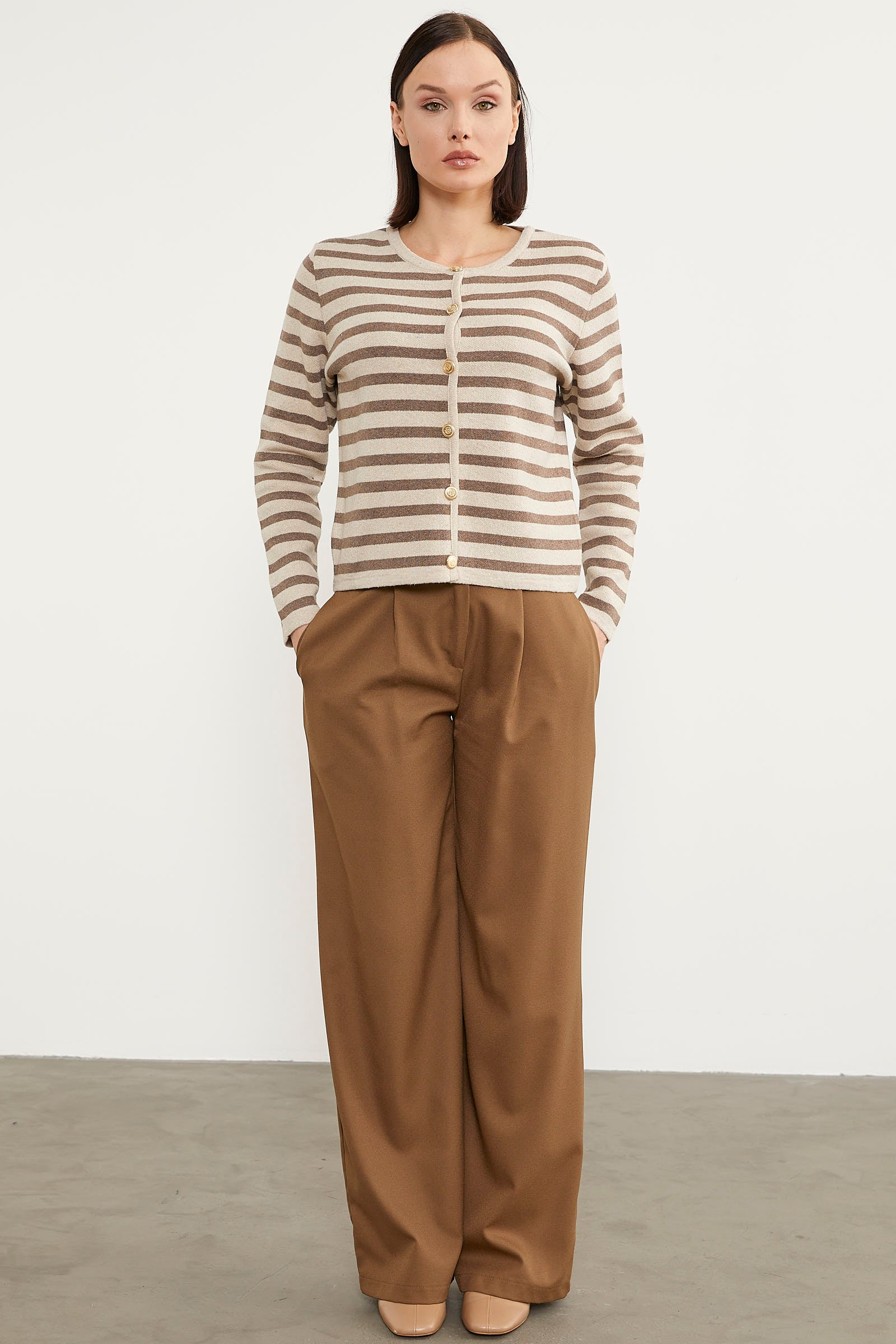 Renkli Çizgili Triko Kısa Hırka - Bej (3) Sementa