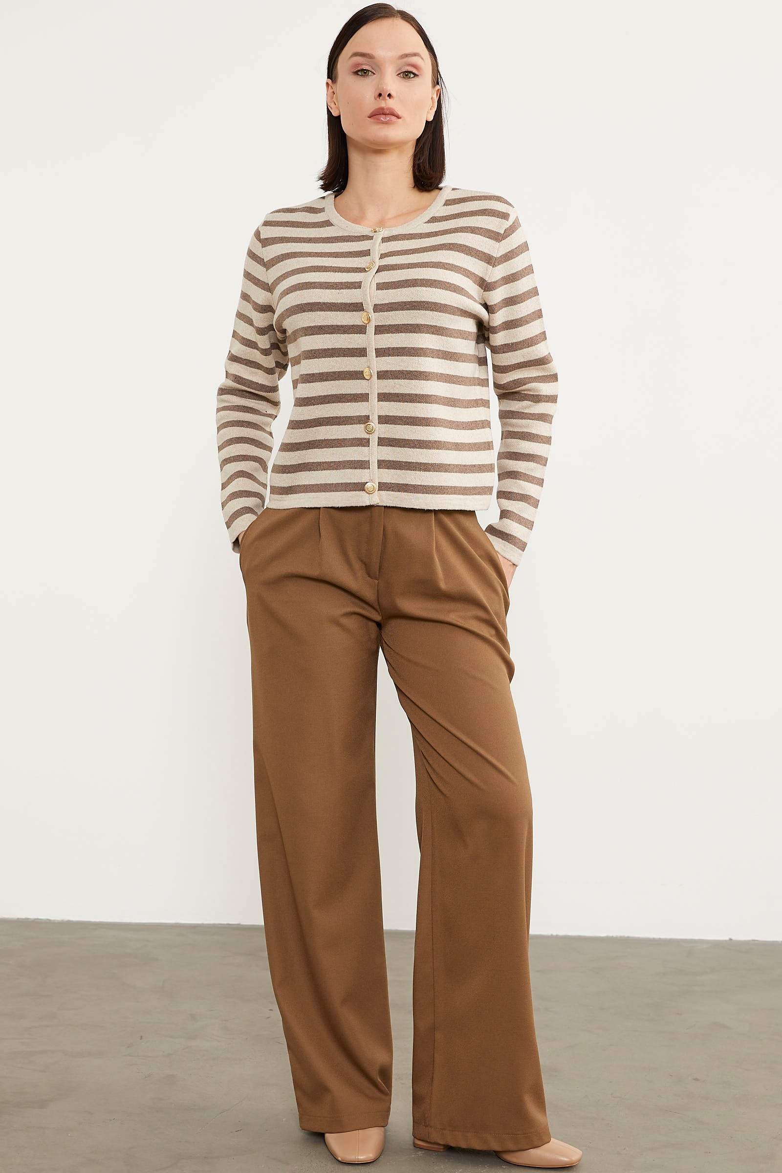 Renkli Çizgili Triko Kısa Hırka - Bej (4) Sementa