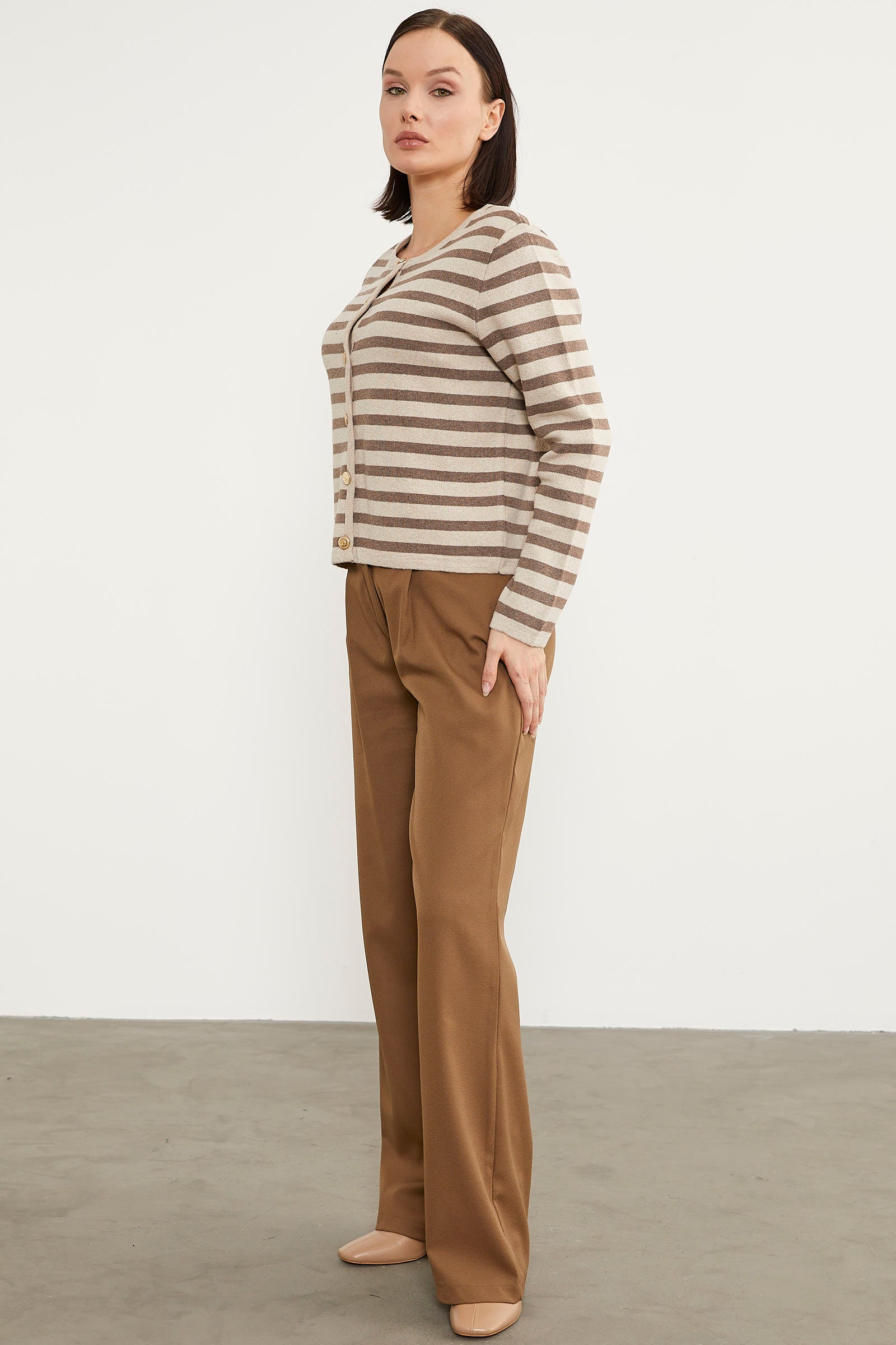 Renkli Çizgili Triko Kısa Hırka - Bej (5) Sementa