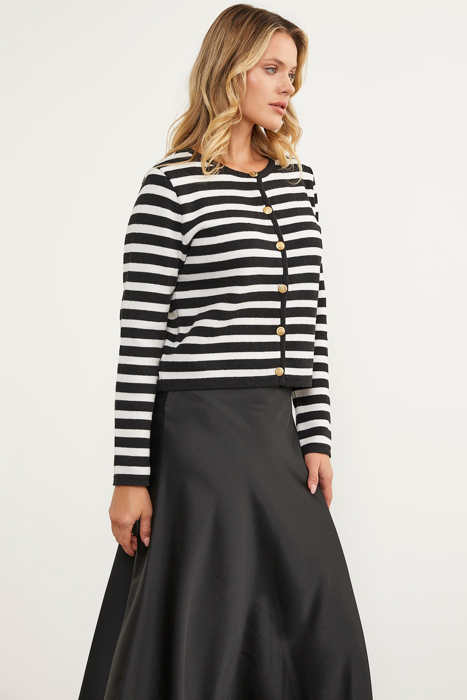 Renkli Çizgili Triko Kısa Hırka - Siyah (4) Sementa