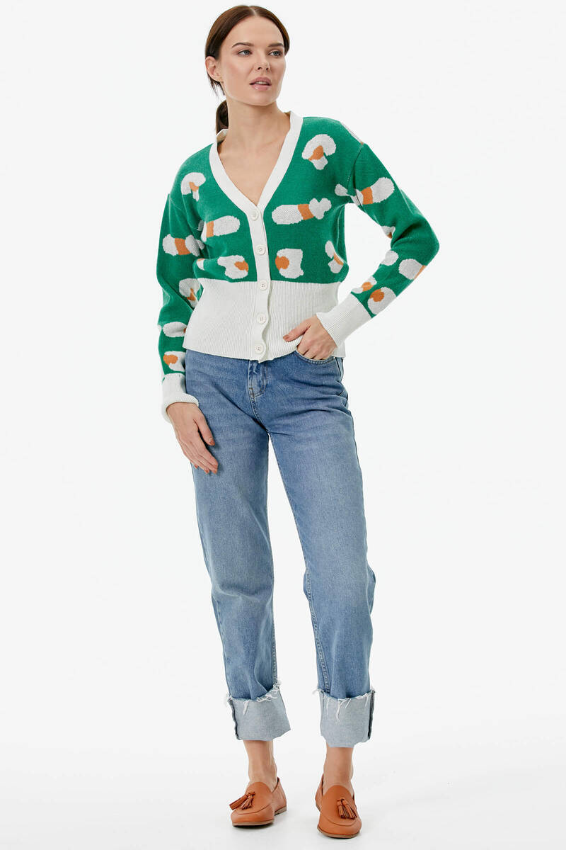 Renkli Desenli Düğmeli Triko Hırka - Beyaz (3) Sementa