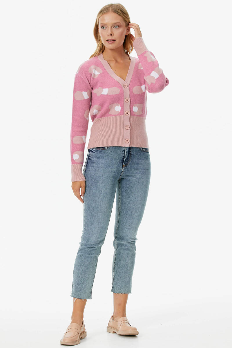 Renkli Desenli Düğmeli Triko Hırka - Somon (3) Sementa