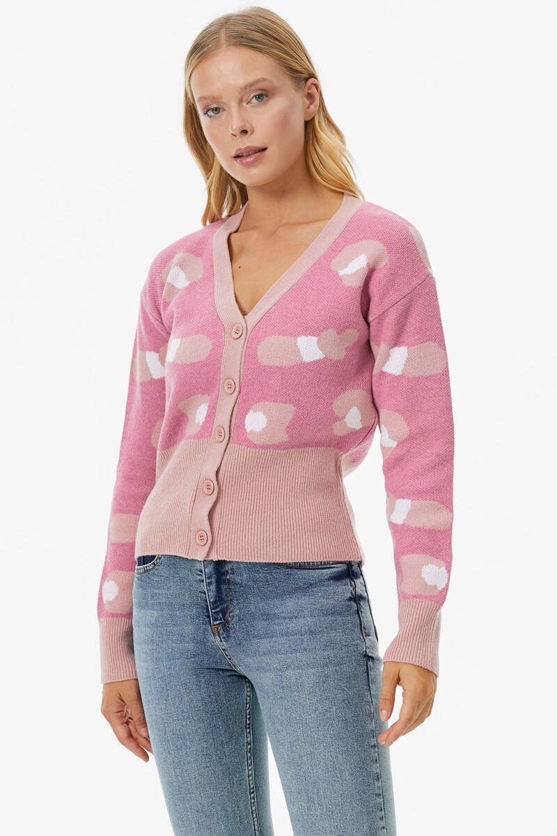 Renkli Desenli Düğmeli Triko Hırka - Somon (4) Sementa