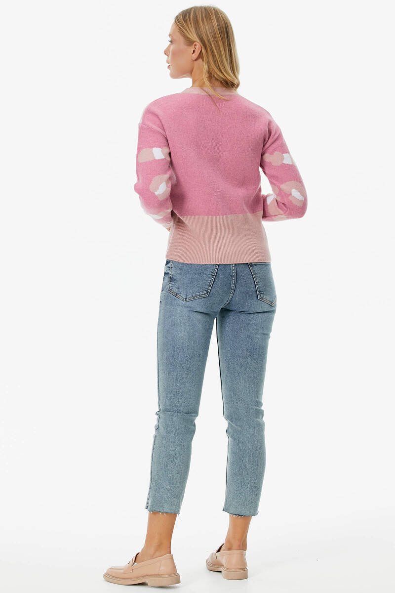 Renkli Desenli Düğmeli Triko Hırka - Somon (5) Sementa