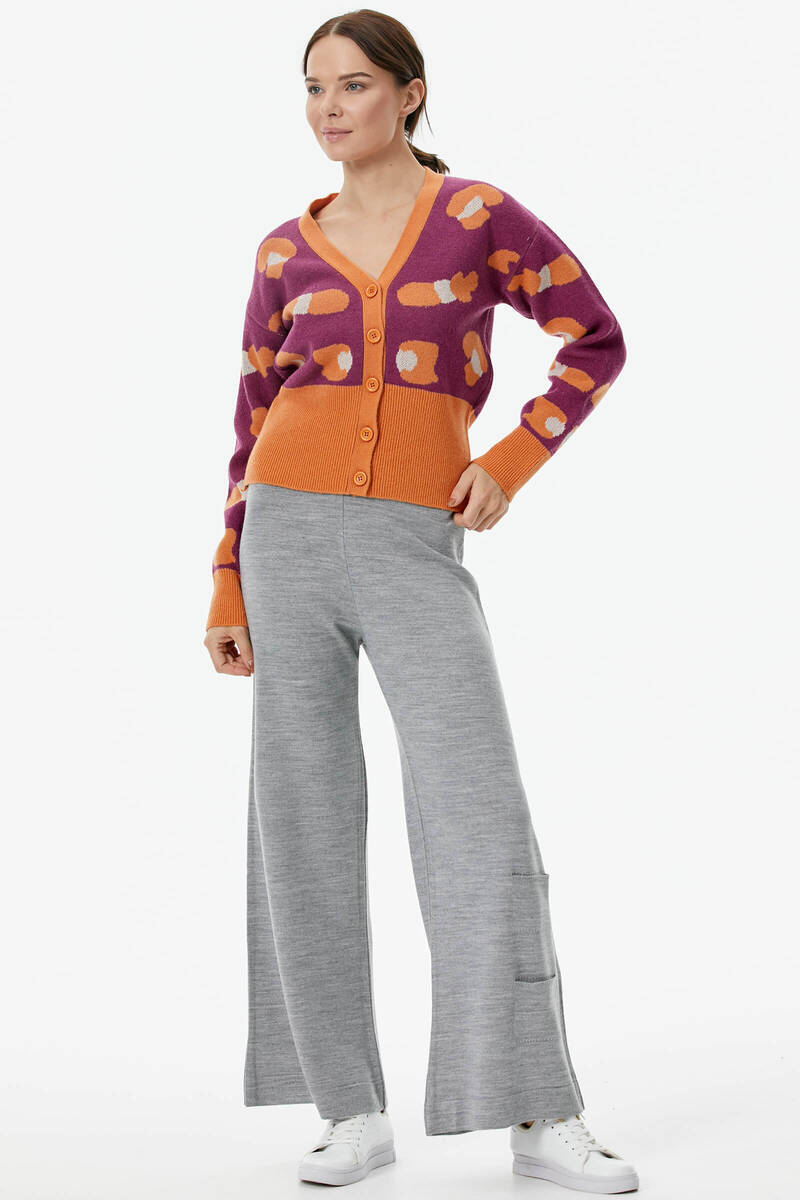 Renkli Desenli Düğmeli Triko Hırka - Taba (3) Sementa