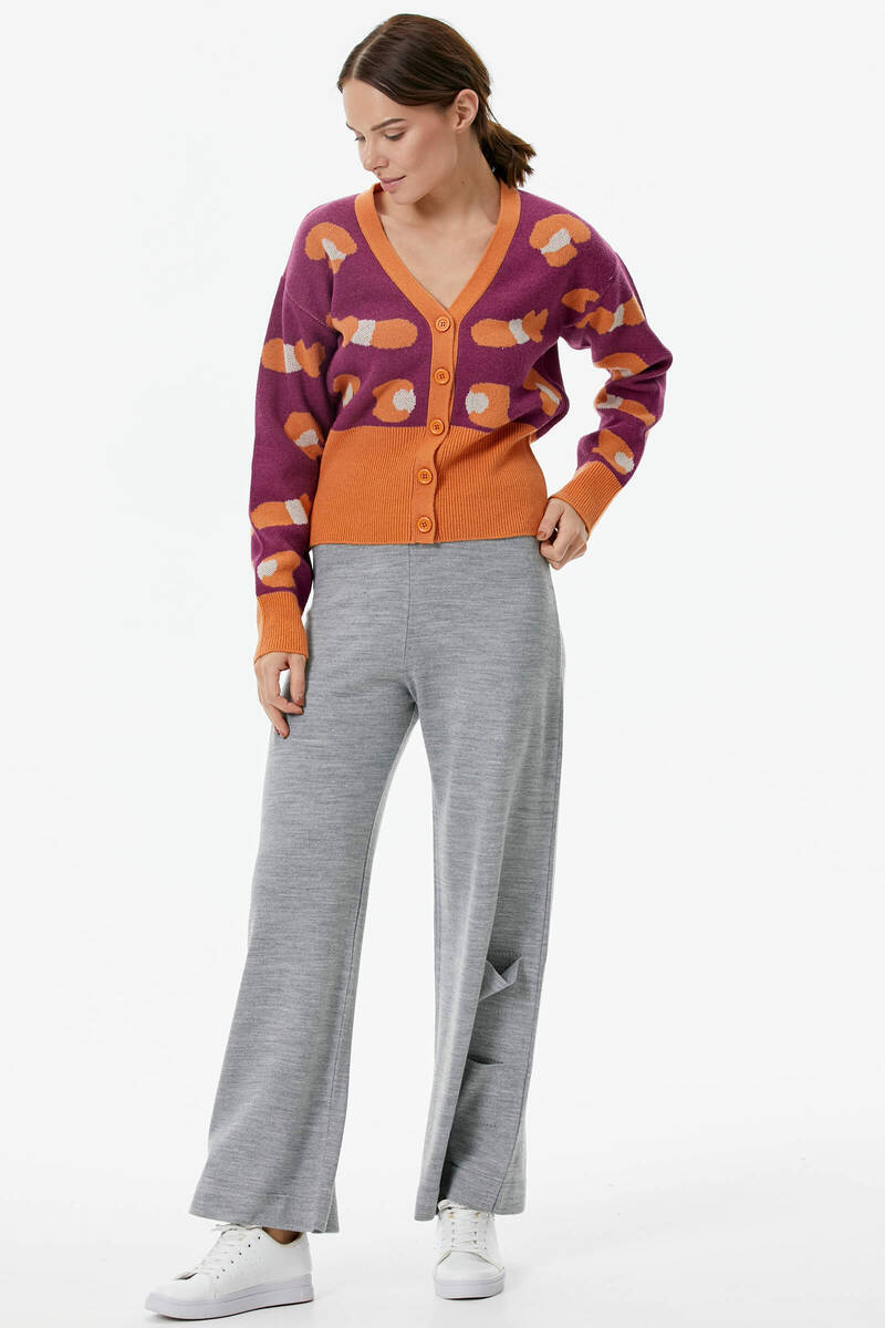 Renkli Desenli Düğmeli Triko Hırka - Taba (4) Sementa