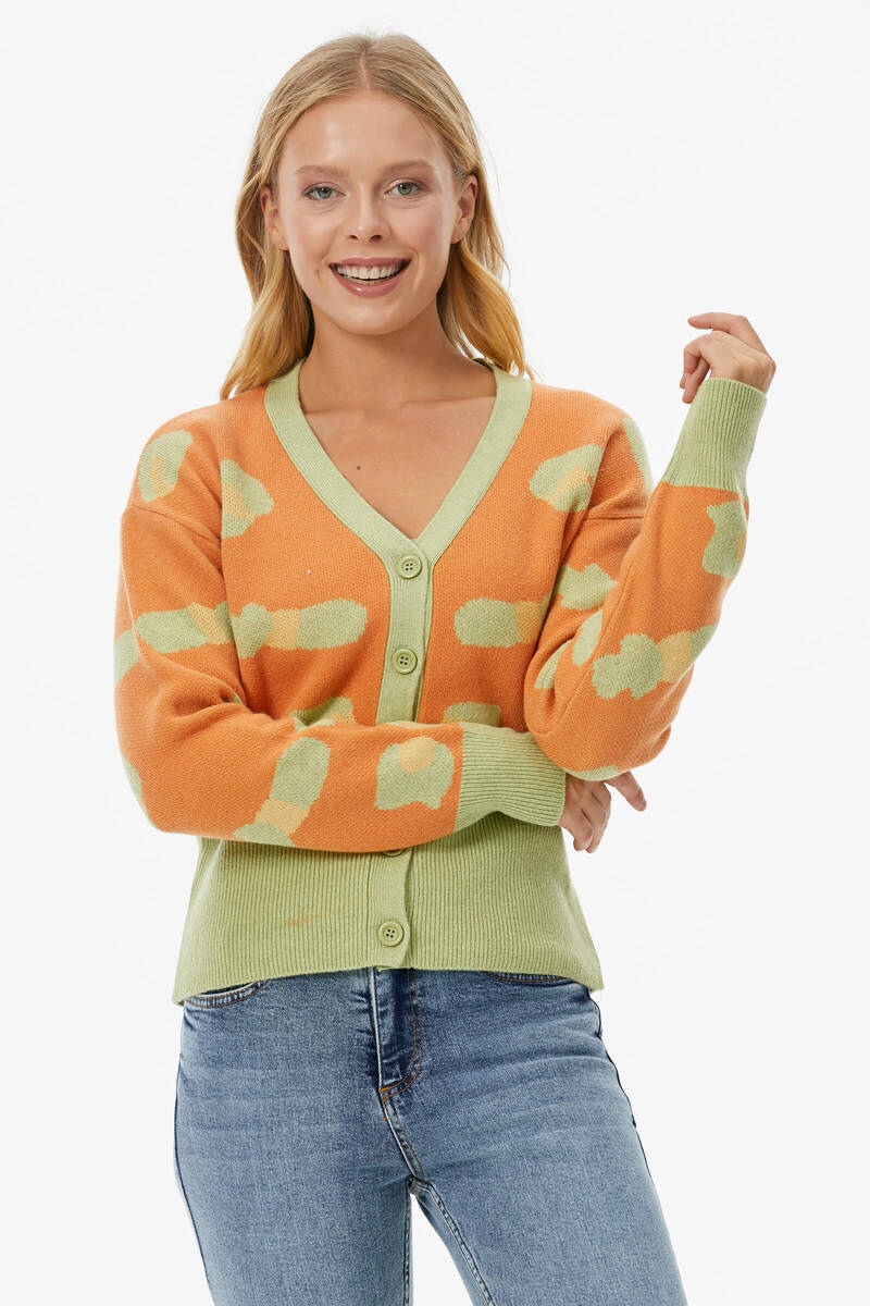 Renkli Desenli Düğmeli Triko Hırka - Yeşil (3) Sementa