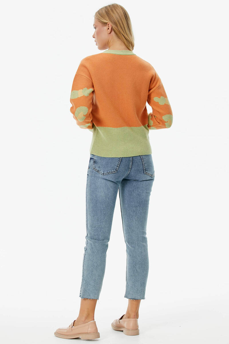 Renkli Desenli Düğmeli Triko Hırka - Yeşil (4) Sementa