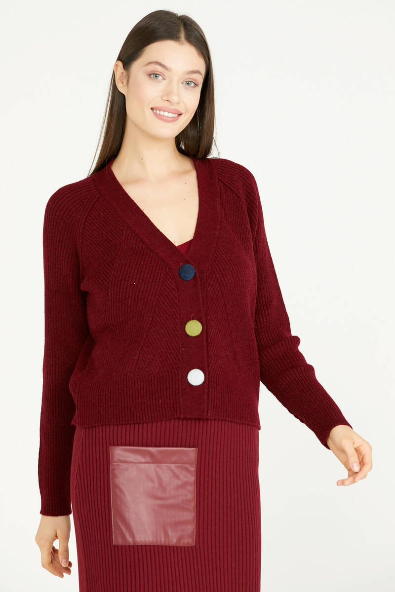 Renkli Düğmeli Triko Hırka - Bordo (3) Sementa