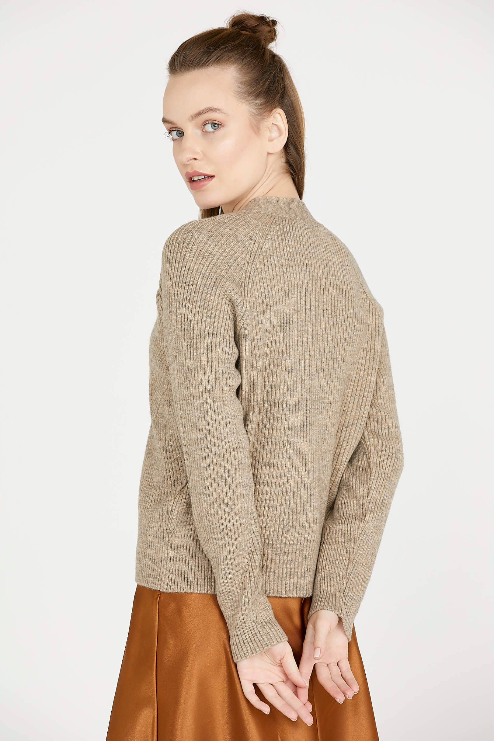 Renkli Düğmeli Triko Hırka - Koyu Bej (4) Sementa