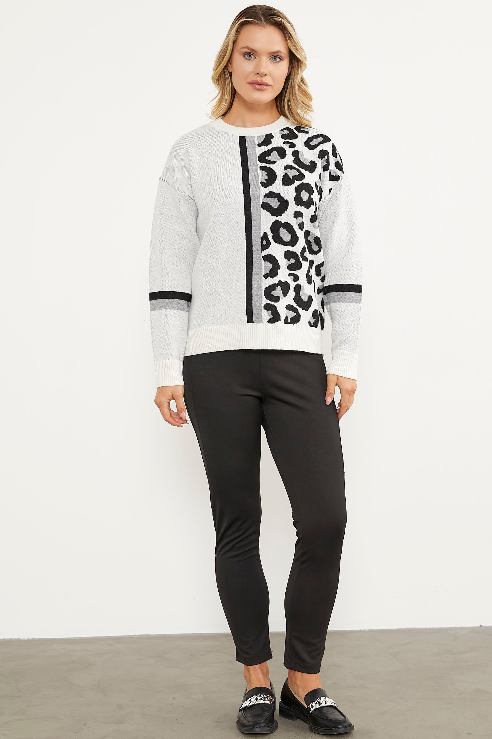 Renkli Leopar Kombinli Triko Kazak - Kemik (3) Sementa