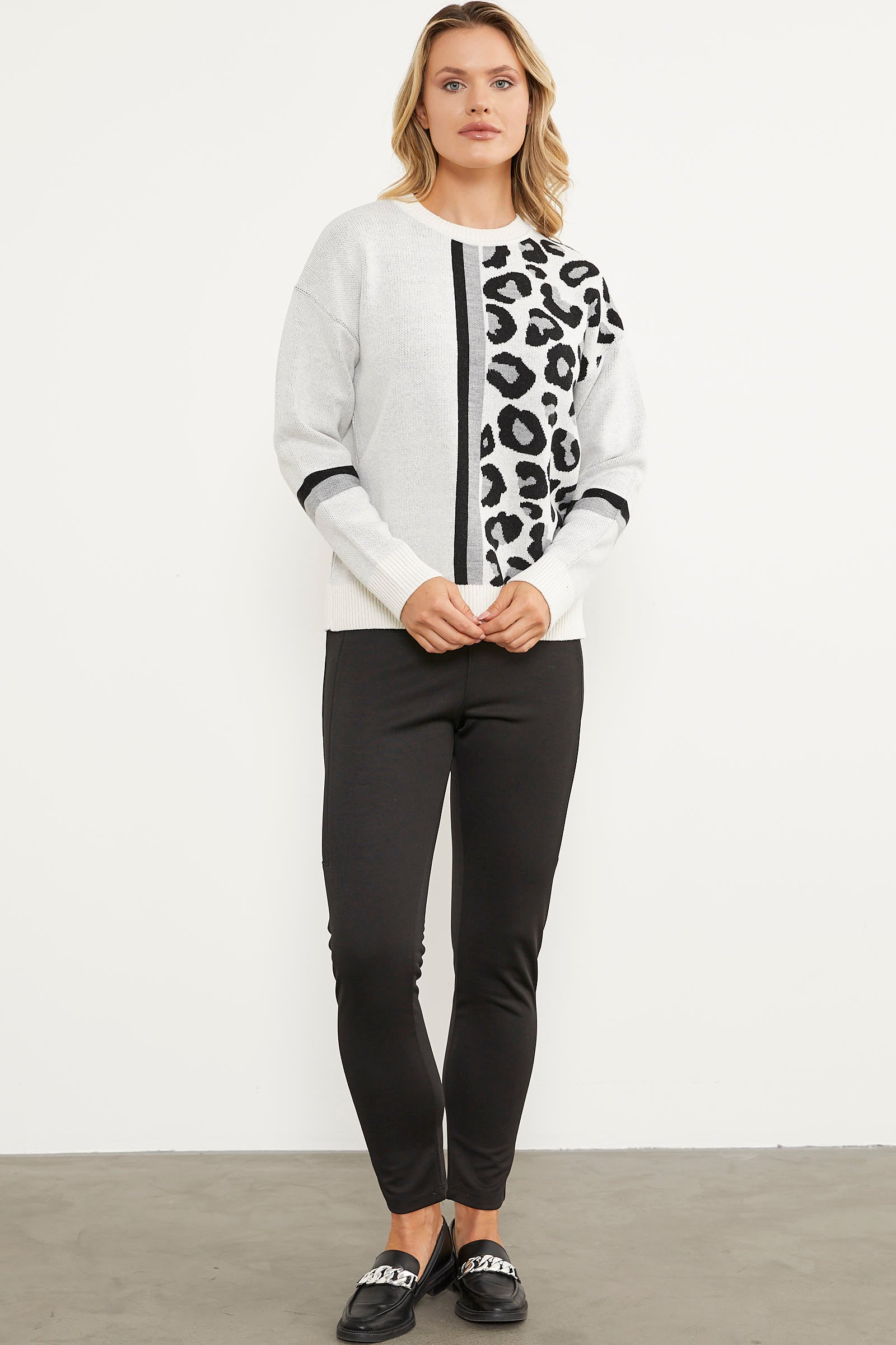 Renkli Leopar Kombinli Triko Kazak - Kemik (4) Sementa