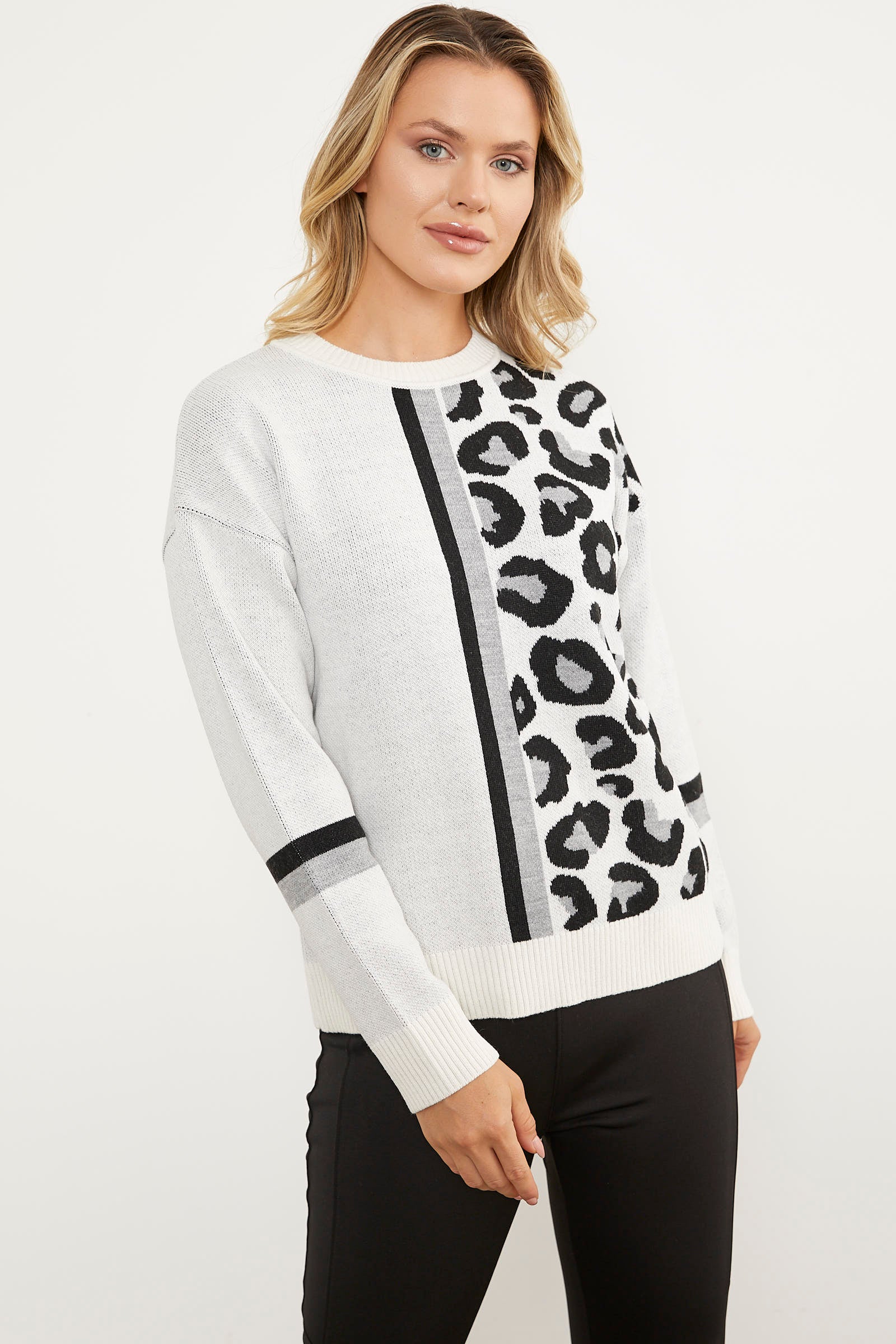 Renkli Leopar Kombinli Triko Kazak - Kemik (2) Sementa