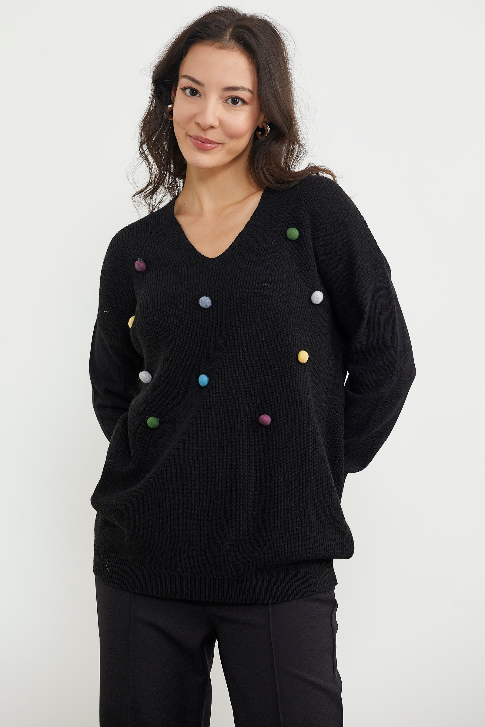 Renkli Ponpon Detaylı Triko Kazak - Siyah (1) Sementa