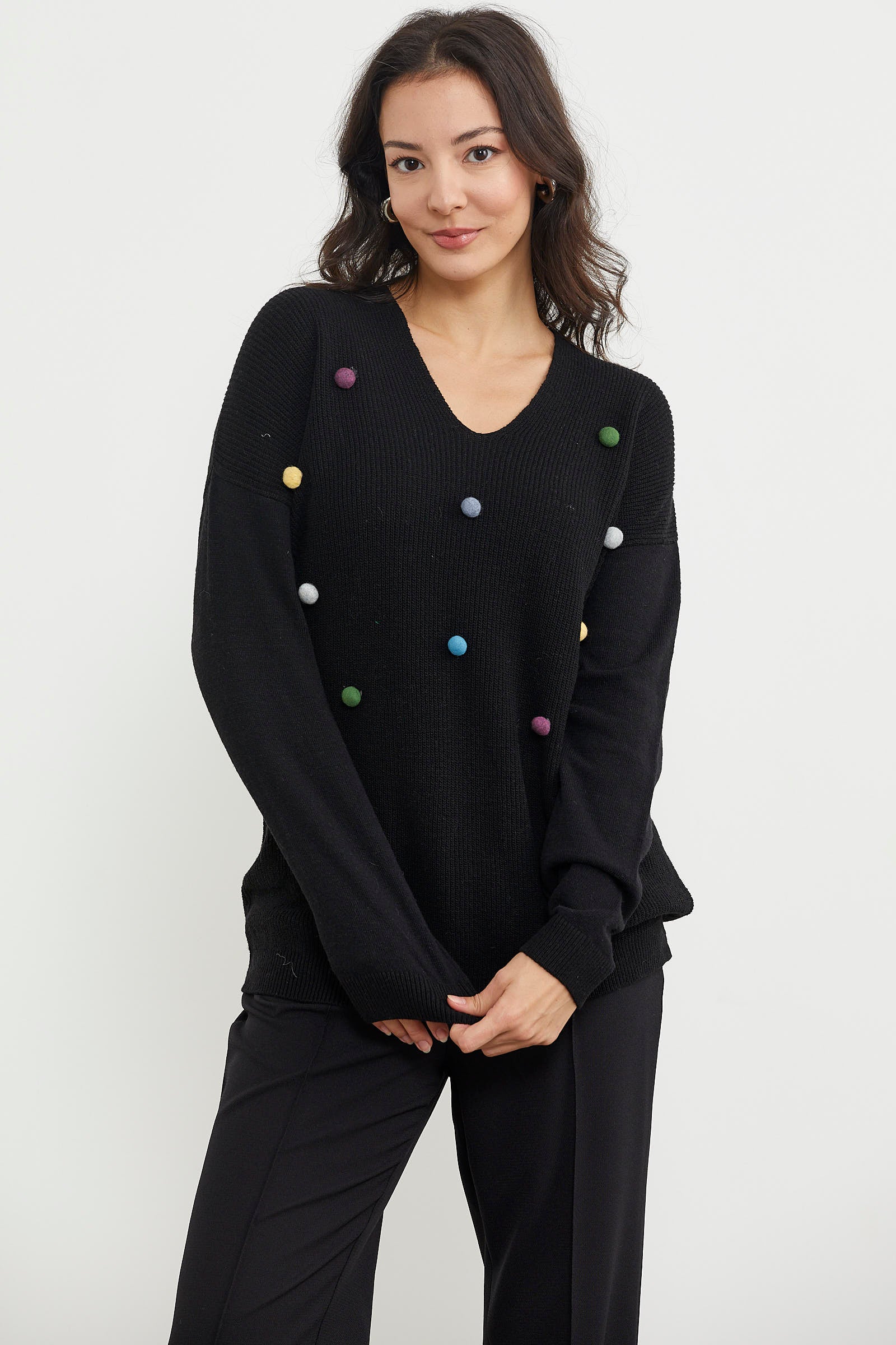 Renkli Ponpon Detaylı Triko Kazak - Siyah (2) Sementa