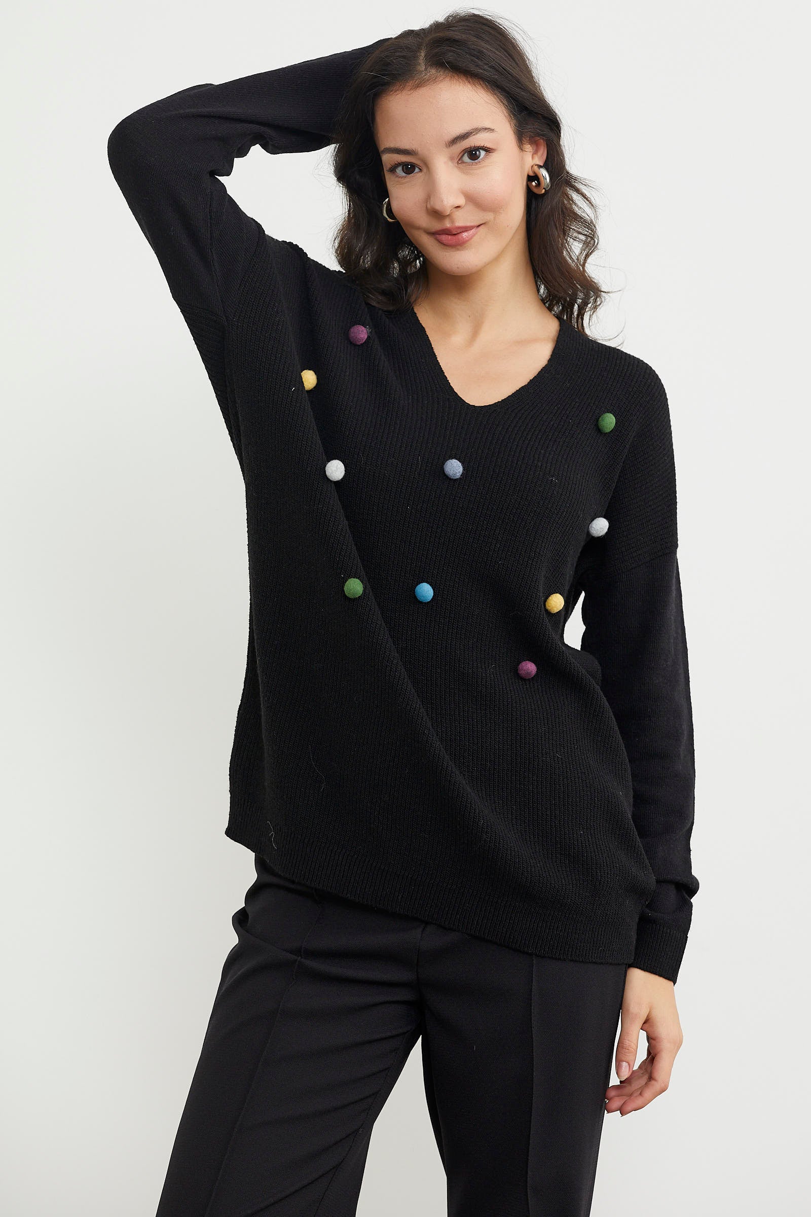 Renkli Ponpon Detaylı Triko Kazak - Siyah (5) Sementa