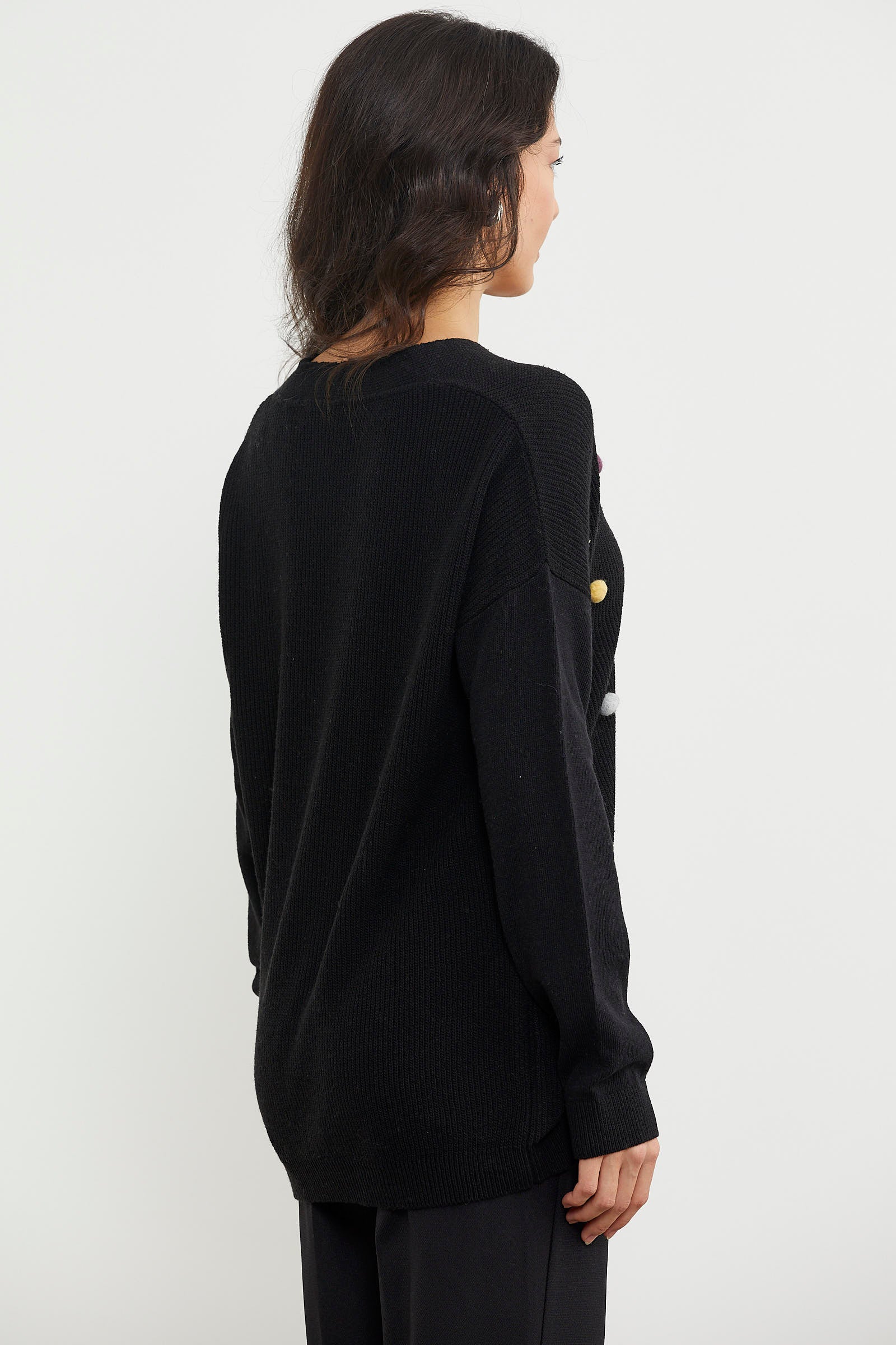 Renkli Ponpon Detaylı Triko Kazak - Siyah (6) Sementa