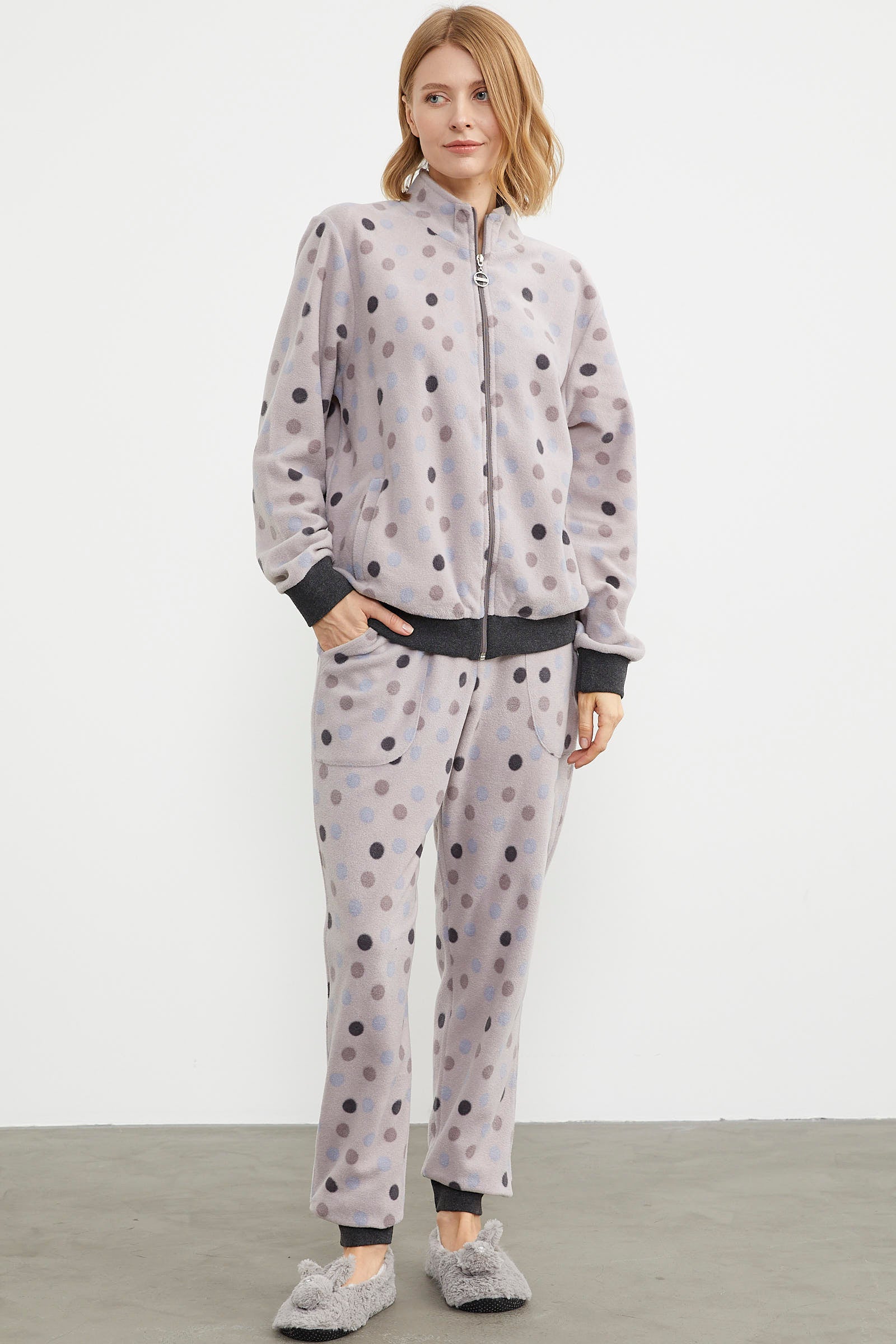 Renkli Puantiyeli Polar Eşofman Takım - Pudra (1) Sementa