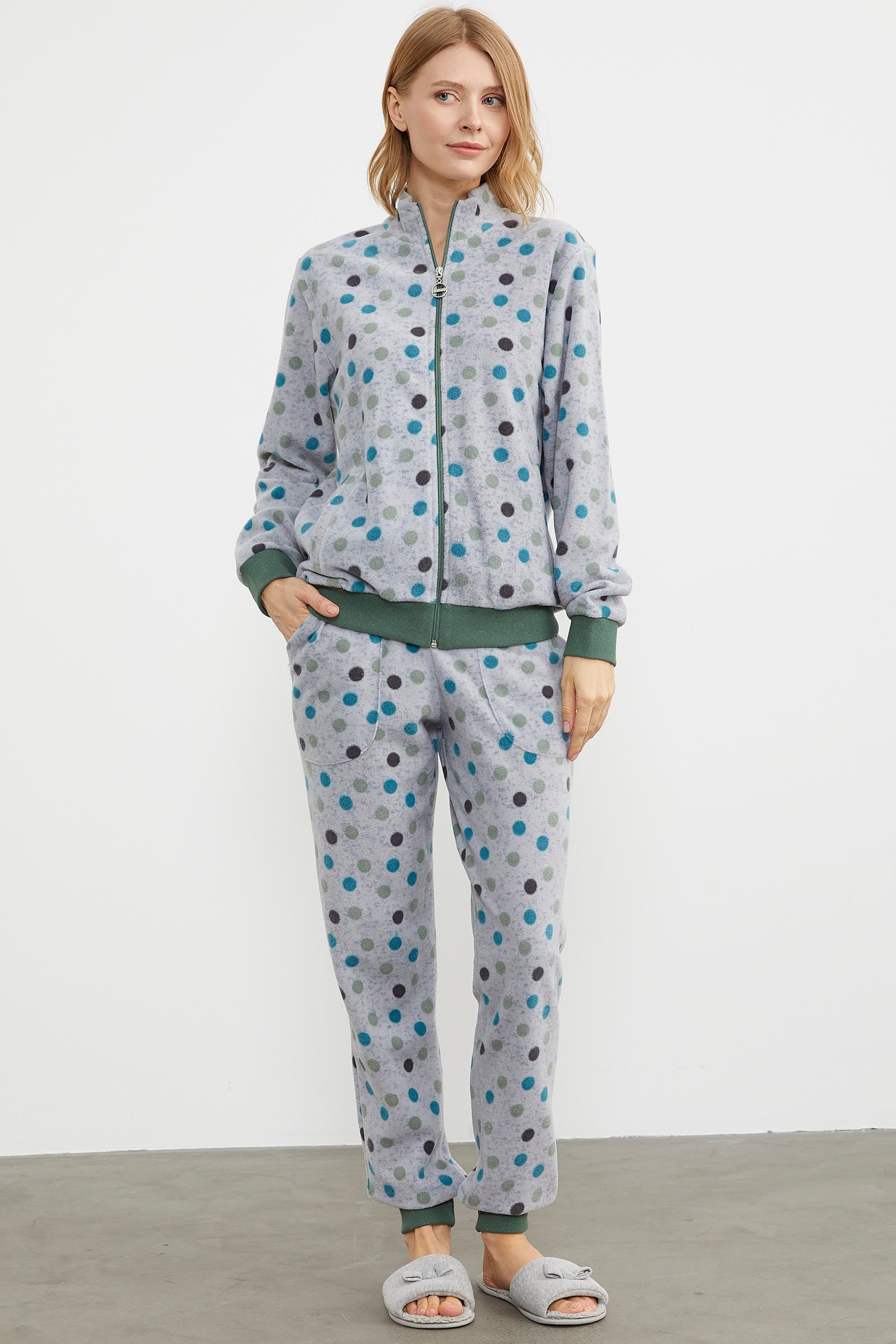 Renkli Puantiyeli Polar Eşofman Takım - Yeşil (1) Sementa